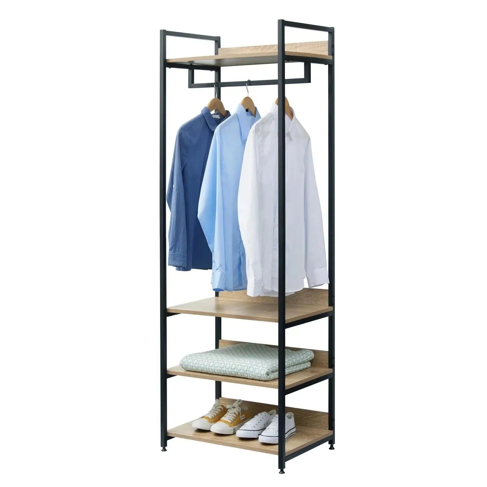 Feronza® Kledingrek met 3 Planken - Licht Eikenhouten Kast, Zwart/Wit, Jasrek, Kledingkast, Schoenenrek voor Slaapkamer - Feronza