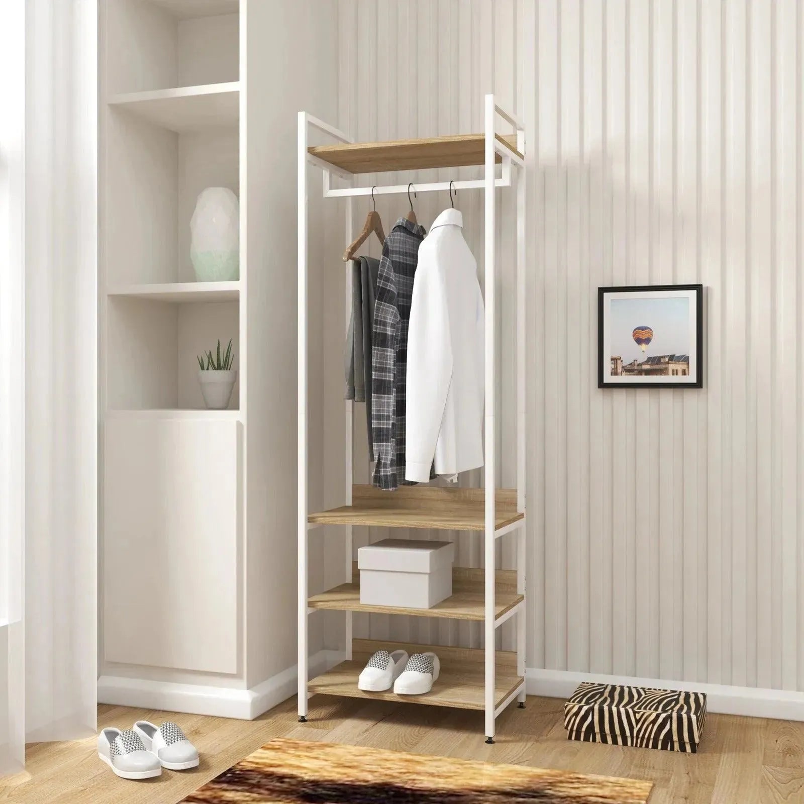 Feronza® Kledingrek met 3 Planken - Licht Eikenhouten Kast, Zwart/Wit, Jasrek, Kledingkast, Schoenenrek voor Slaapkamer - Feronza