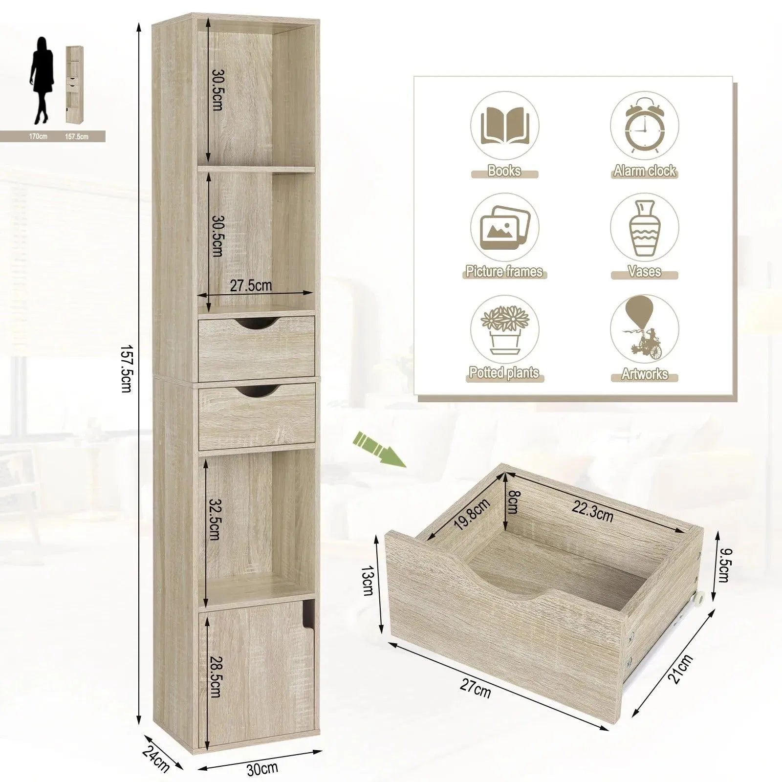 Feronza® Staande Boekenkast met Laden en Deur | 30x158x24 cm Opbergkast voor Woonkamer & Kantoor Decor - Feronza