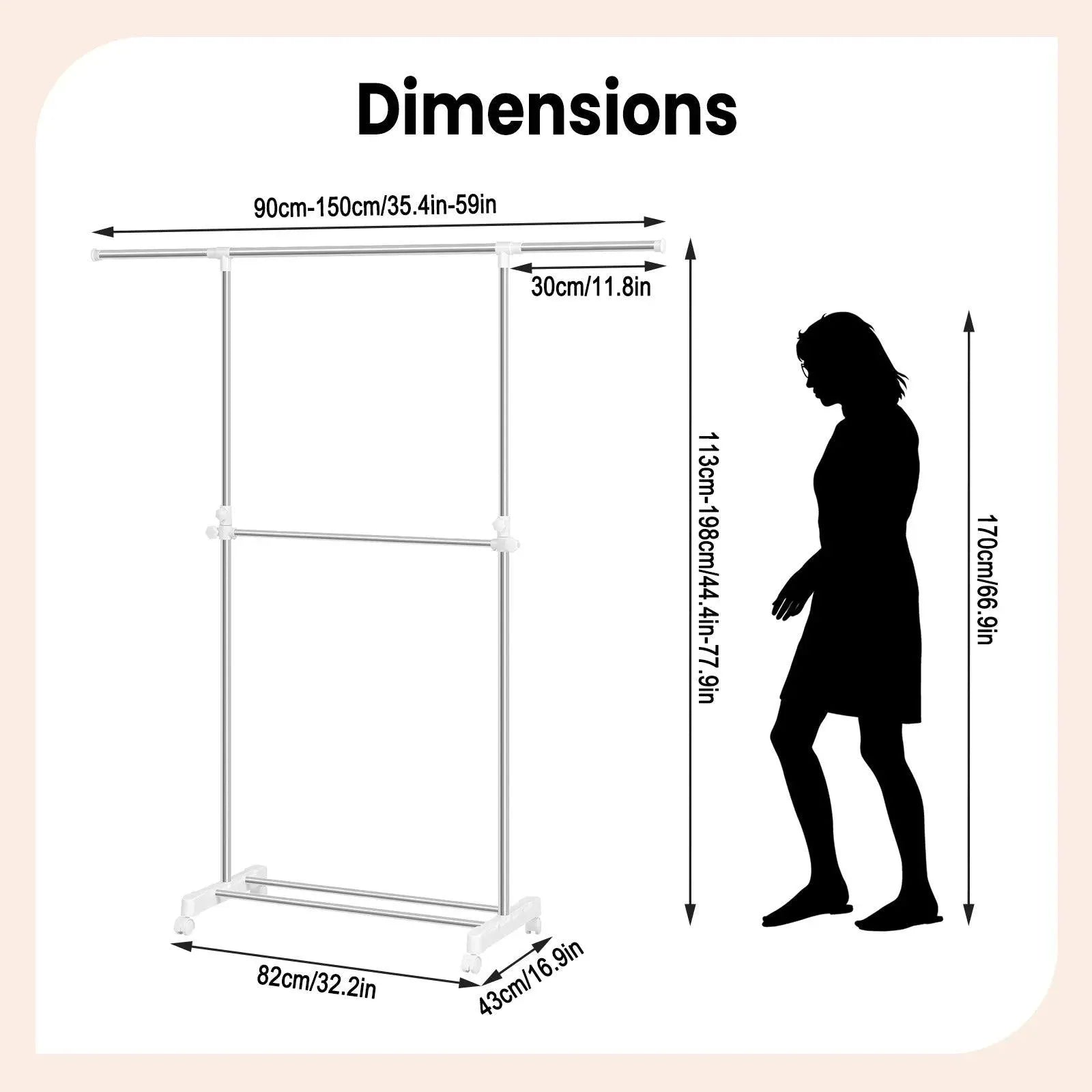 Feronza® Stabiel Kledingrek met Wielen - Verstelbare Hoogte, Metalen Mobiele Jasstandaard met Opslagplanken - Feronza
