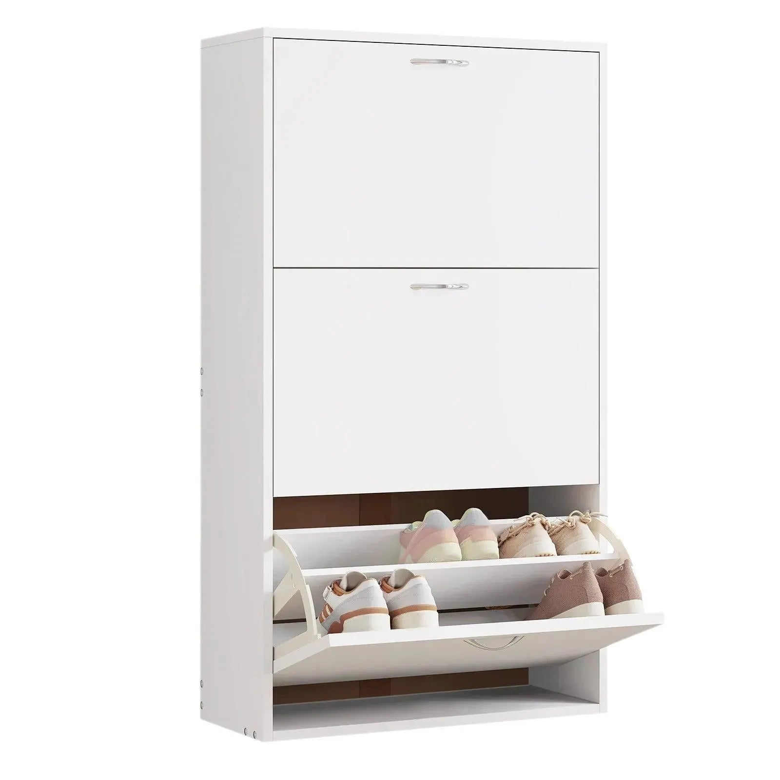 Feronza® Wit Schoenenkast – Smal en Hoog met 3 Vouwbare Lades, Schoenenopberger voor Entree, Gang, Woonkamer, Slaapkamer - Feronza