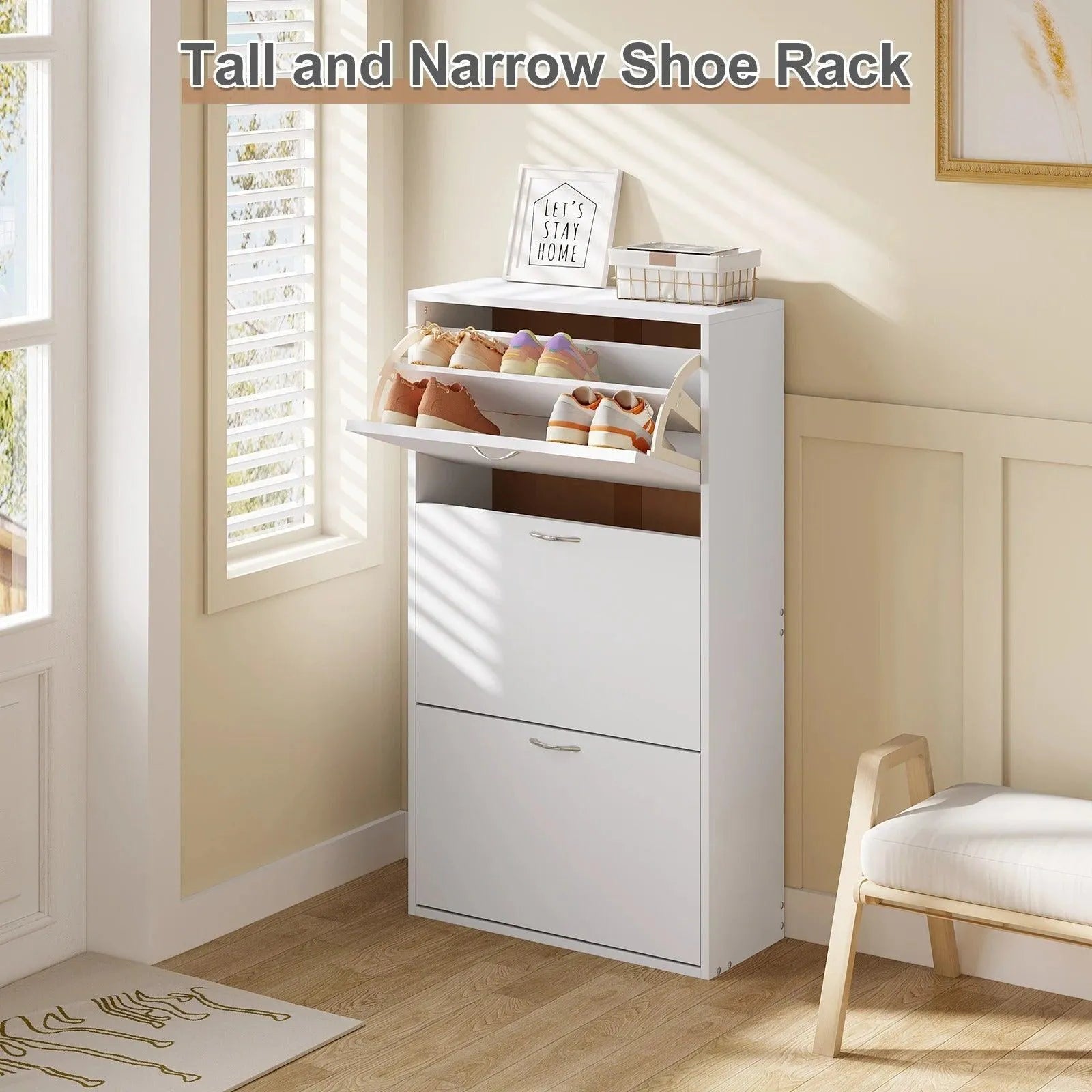 Feronza® Wit Schoenenkast – Smal en Hoog met 3 Vouwbare Lades, Schoenenopberger voor Entree, Gang, Woonkamer, Slaapkamer - Feronza