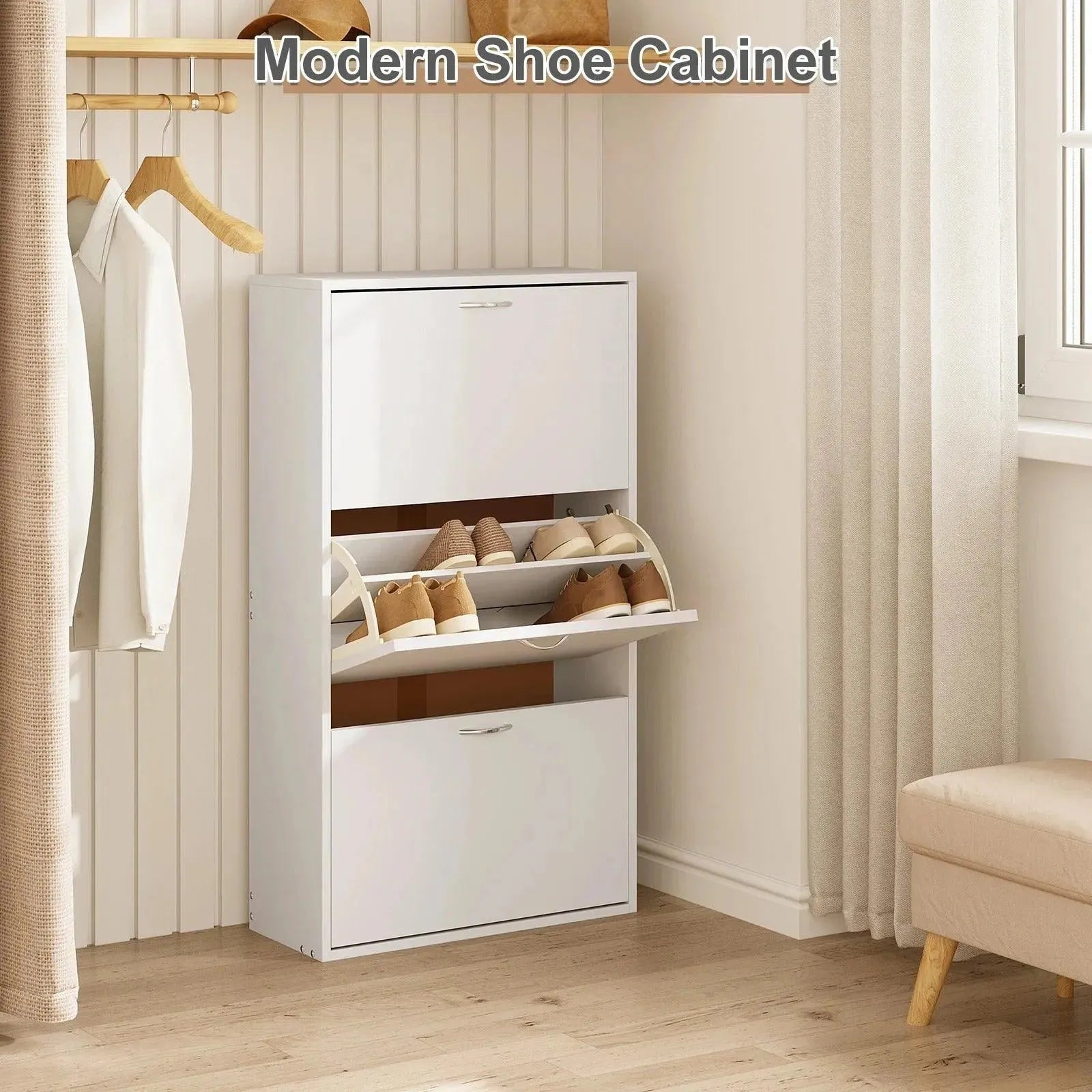 Feronza® Wit Schoenenkast – Smal en Hoog met 3 Vouwbare Lades, Schoenenopberger voor Entree, Gang, Woonkamer, Slaapkamer - Feronza