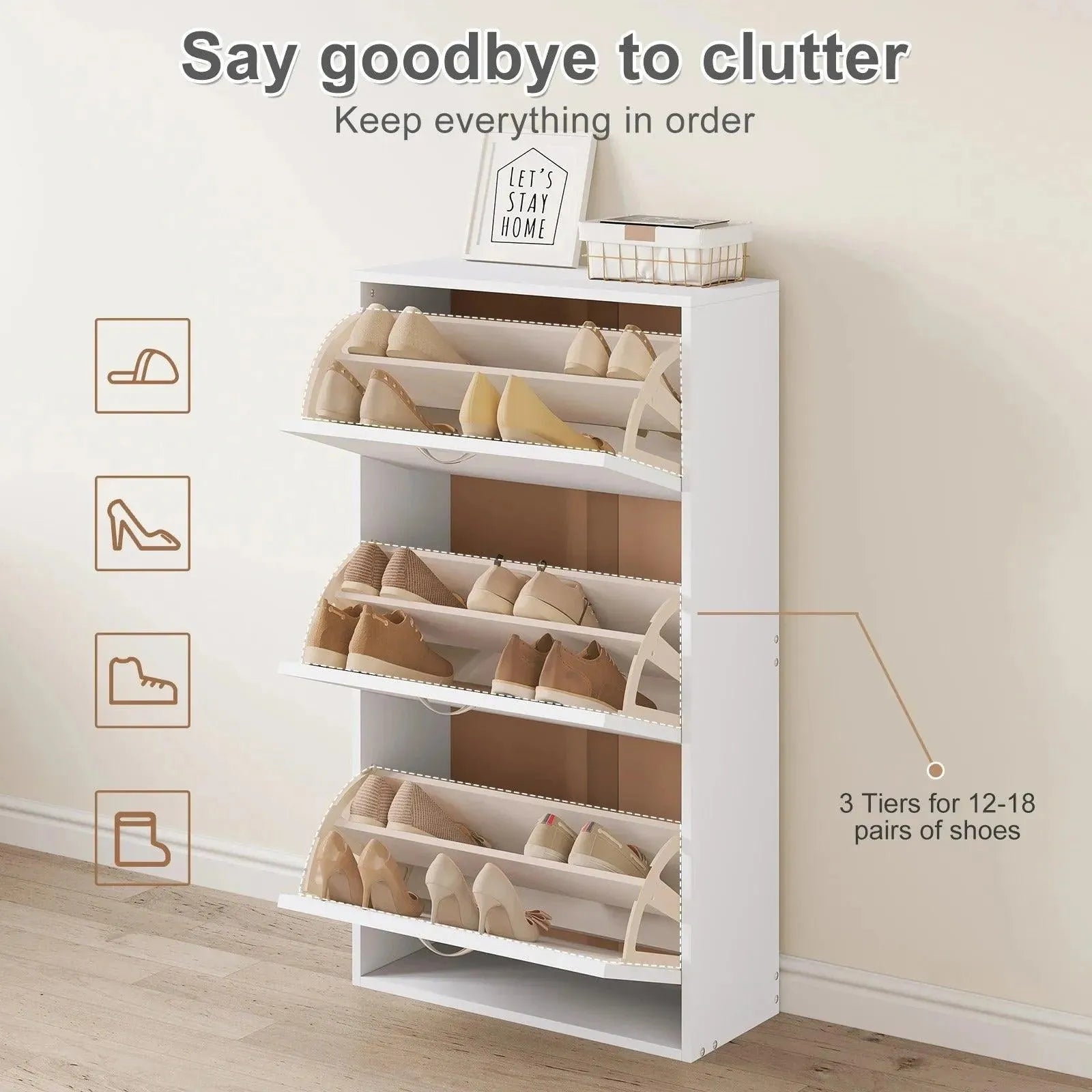 Feronza® Wit Schoenenkast – Smal en Hoog met 3 Vouwbare Lades, Schoenenopberger voor Entree, Gang, Woonkamer, Slaapkamer - Feronza