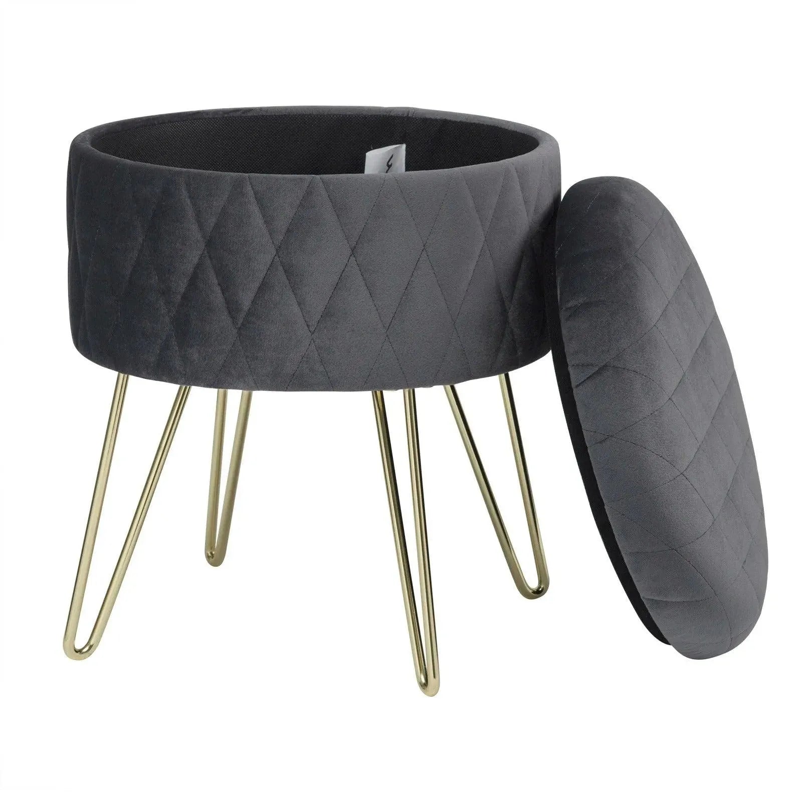 Feronza™ 1PC Velvet Ronde Pouf Opslagzitting Ottoman Kruk met Deksel – Opbergdoos Voetenbank met Gouden Metalen Poten voor Bank, Slaapkamer, Woonkamer - Feronza