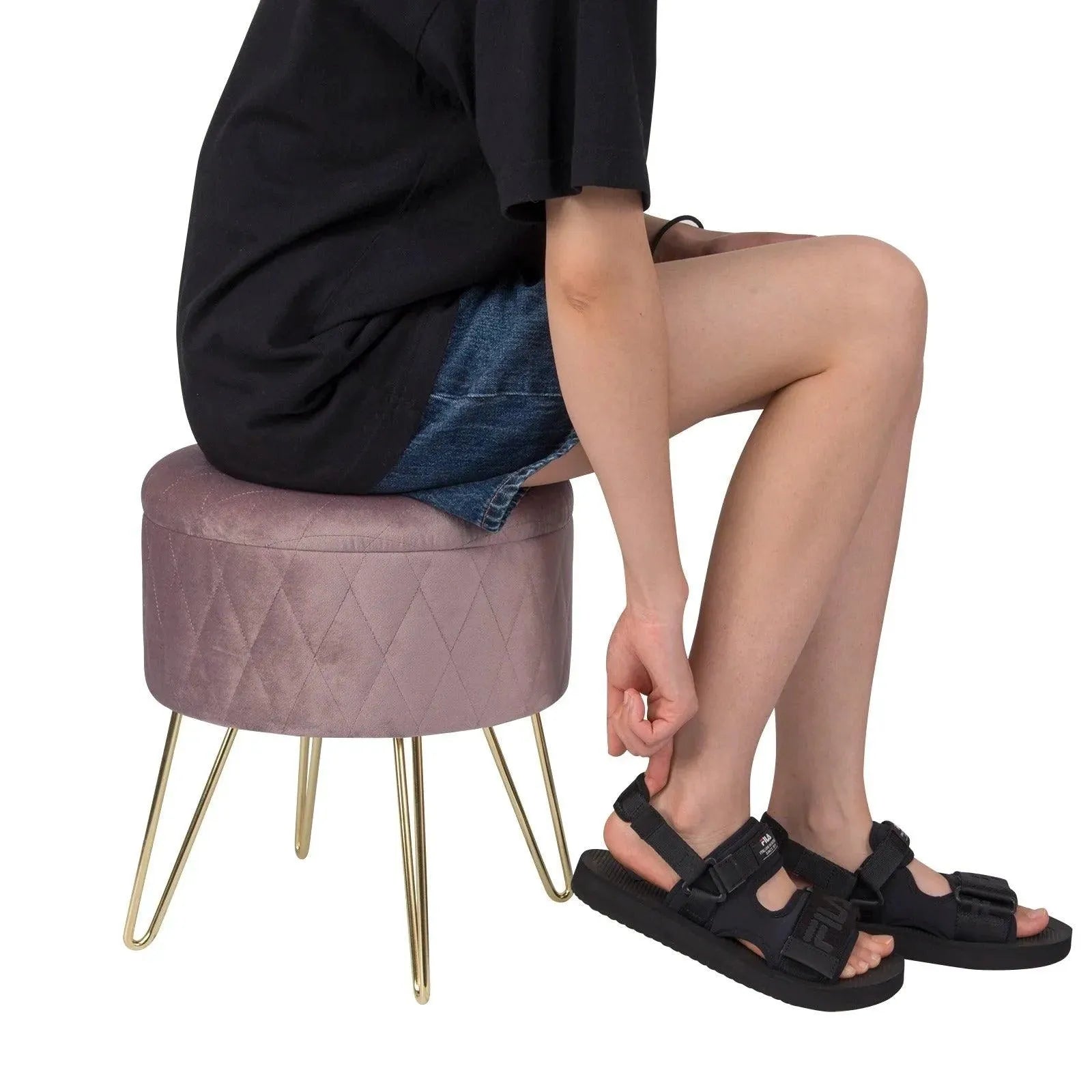 Feronza™ 1PC Velvet Ronde Pouf Opslagzitting Ottoman Kruk met Deksel – Opbergdoos Voetenbank met Gouden Metalen Poten voor Bank, Slaapkamer, Woonkamer - Feronza