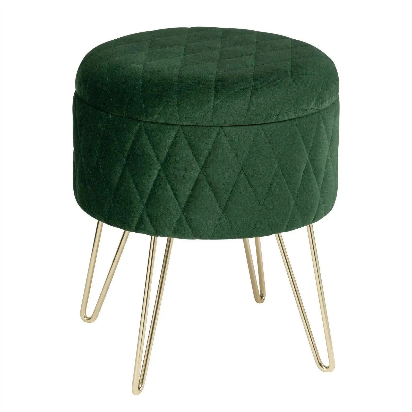 Feronza™ 1PC Velvet Ronde Pouf Opslagzitting Ottoman Kruk met Deksel – Opbergdoos Voetenbank met Gouden Metalen Poten voor Bank, Slaapkamer, Woonkamer - Feronza