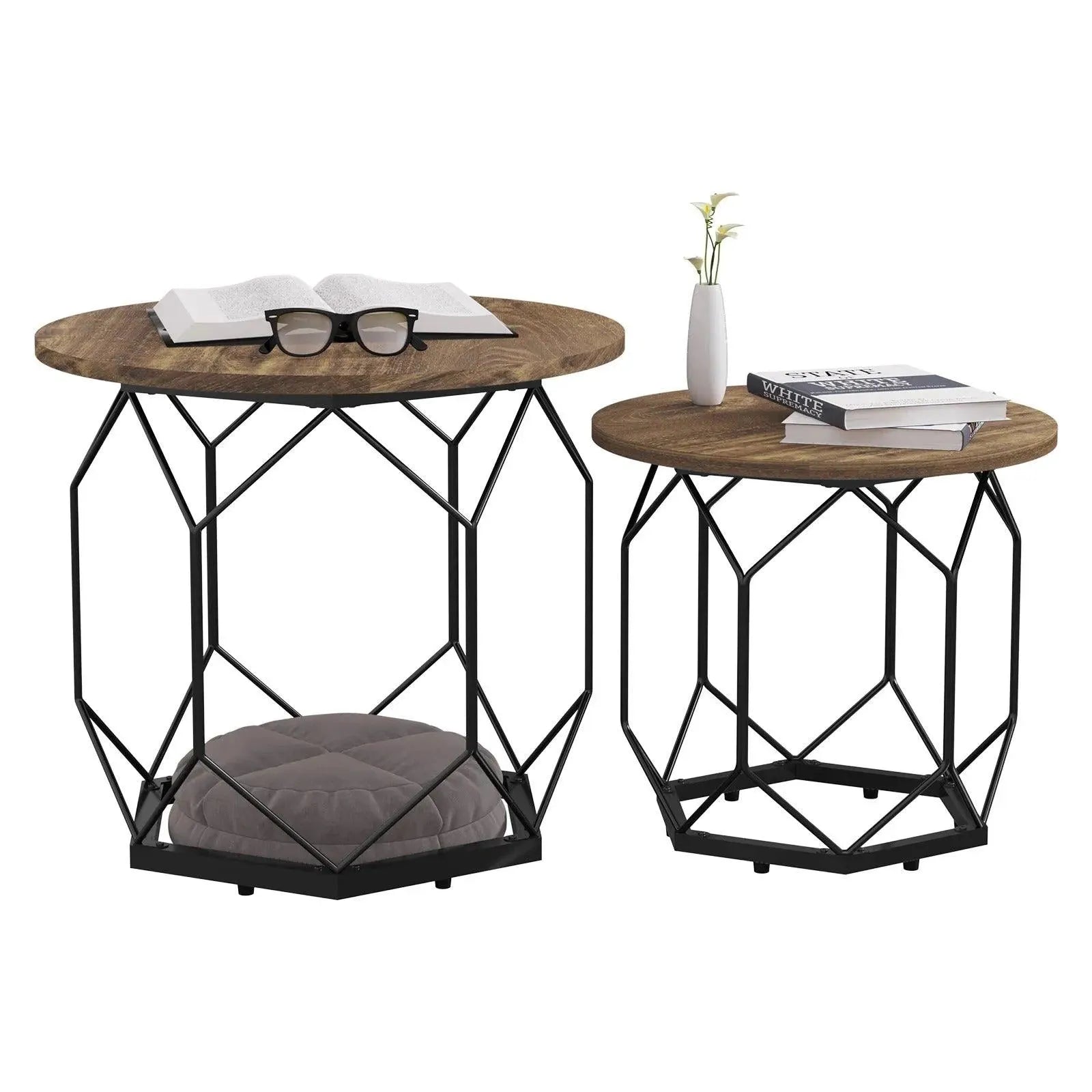 Feronza™ 2-delige Set Nesting Koffietafels – Ronde Tafelbladen met Zwart Industriedesign - Feronza