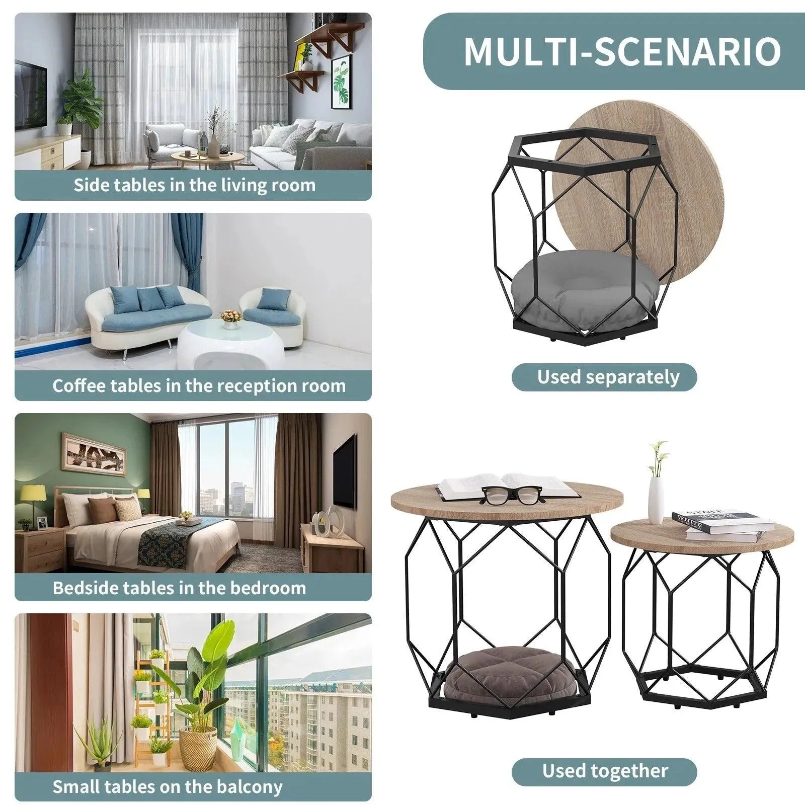 Feronza™ 2-delige Set Nesting Koffietafels – Ronde Tafelbladen met Zwart Industriedesign - Feronza