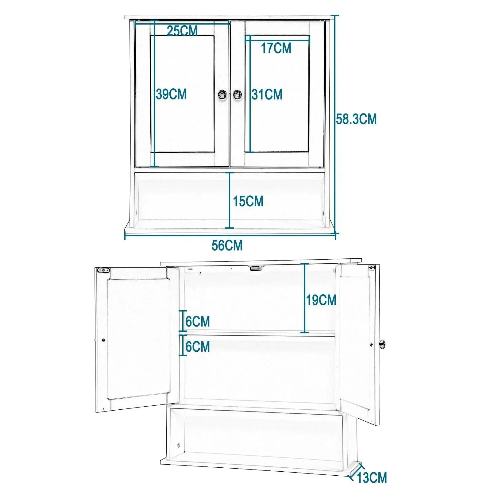 Feronza™ Badkamerkast met Spiegel - Wandgemonteerde Kast met 3 Planken, 56x13x58.3 cm - Feronza