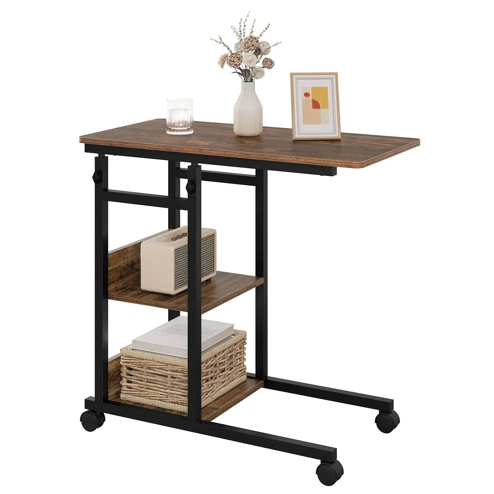 Feronza™ C-Vormige Bijzettafel - Hoogte Verstelbare Koffietafel met Wielen voor Bed, Sofa en Laptop - Feronza