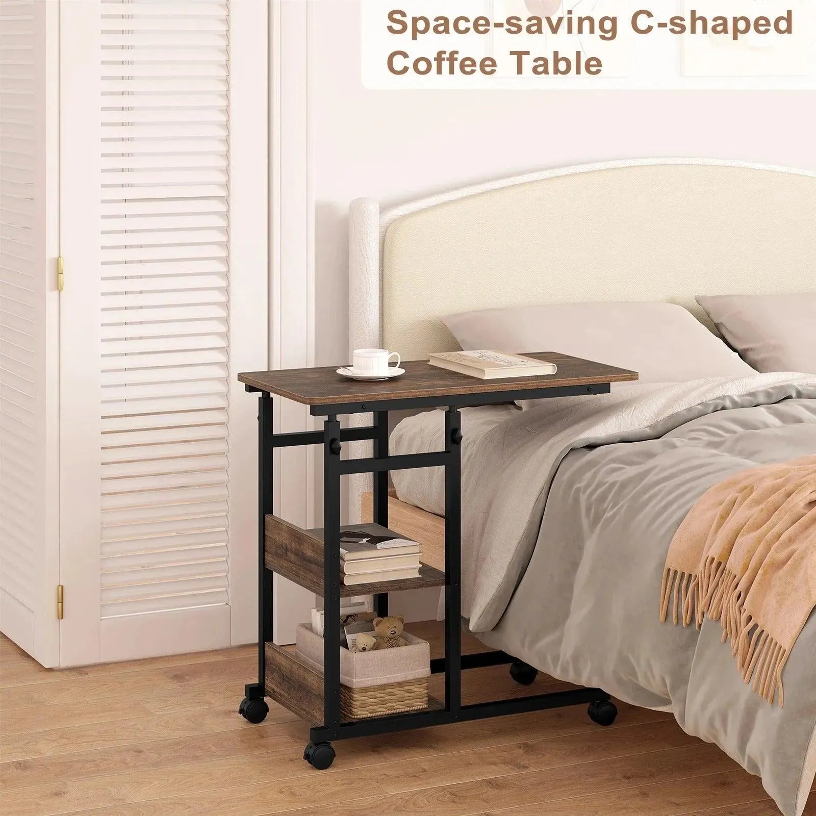 Feronza™ C-Vormige Bijzettafel - Hoogte Verstelbare Koffietafel met Wielen voor Bed, Sofa en Laptop - Feronza