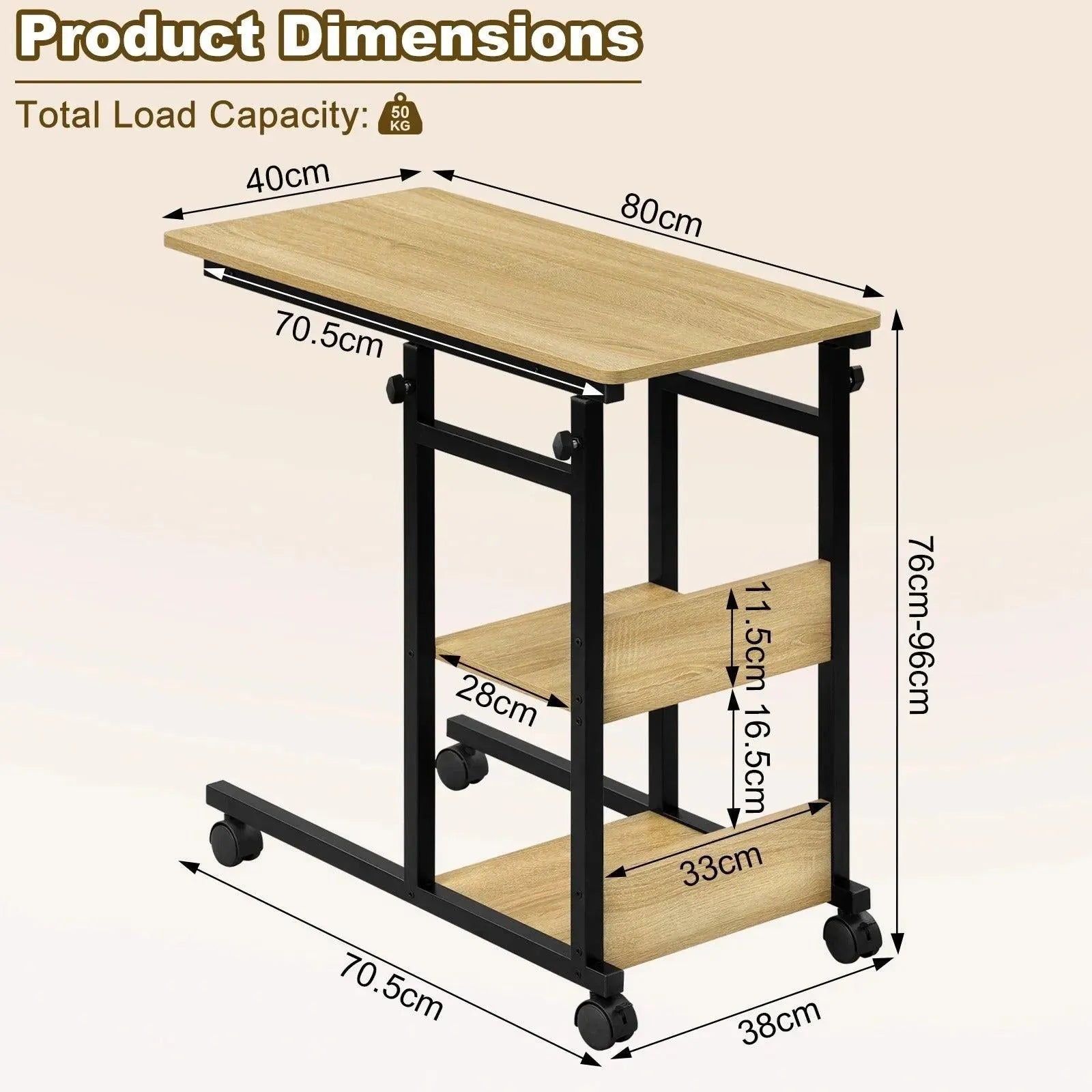 Feronza™ C-Vormige Bijzettafel - Hoogte Verstelbare Koffietafel met Wielen voor Bed, Sofa en Laptop - Feronza