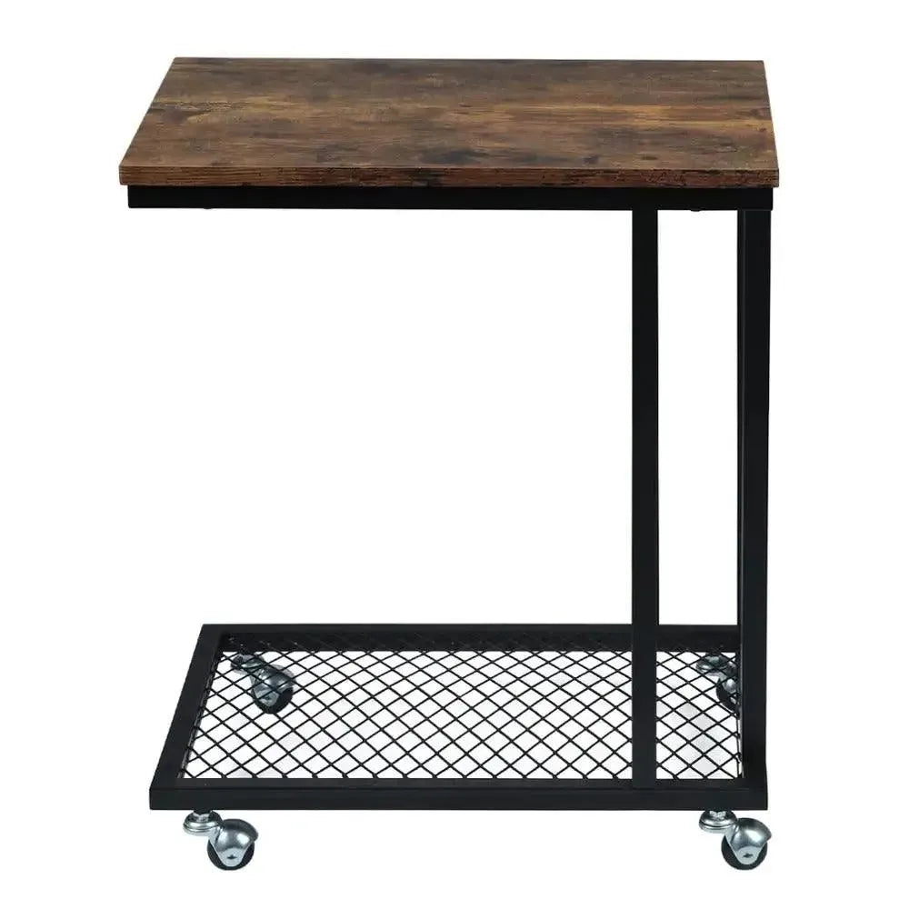 Feronza™ C-Vormige Bijzettafel op Wielen met Grid Opberplank - Industrieel Koffietafel en Laptoptafel - Feronza