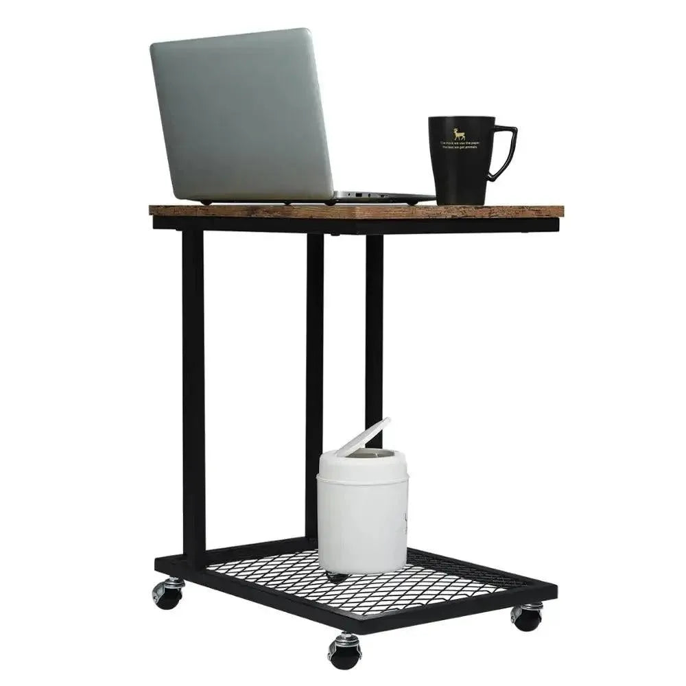 Feronza™ C-Vormige Bijzettafel op Wielen met Grid Opberplank - Industrieel Koffietafel en Laptoptafel - Feronza