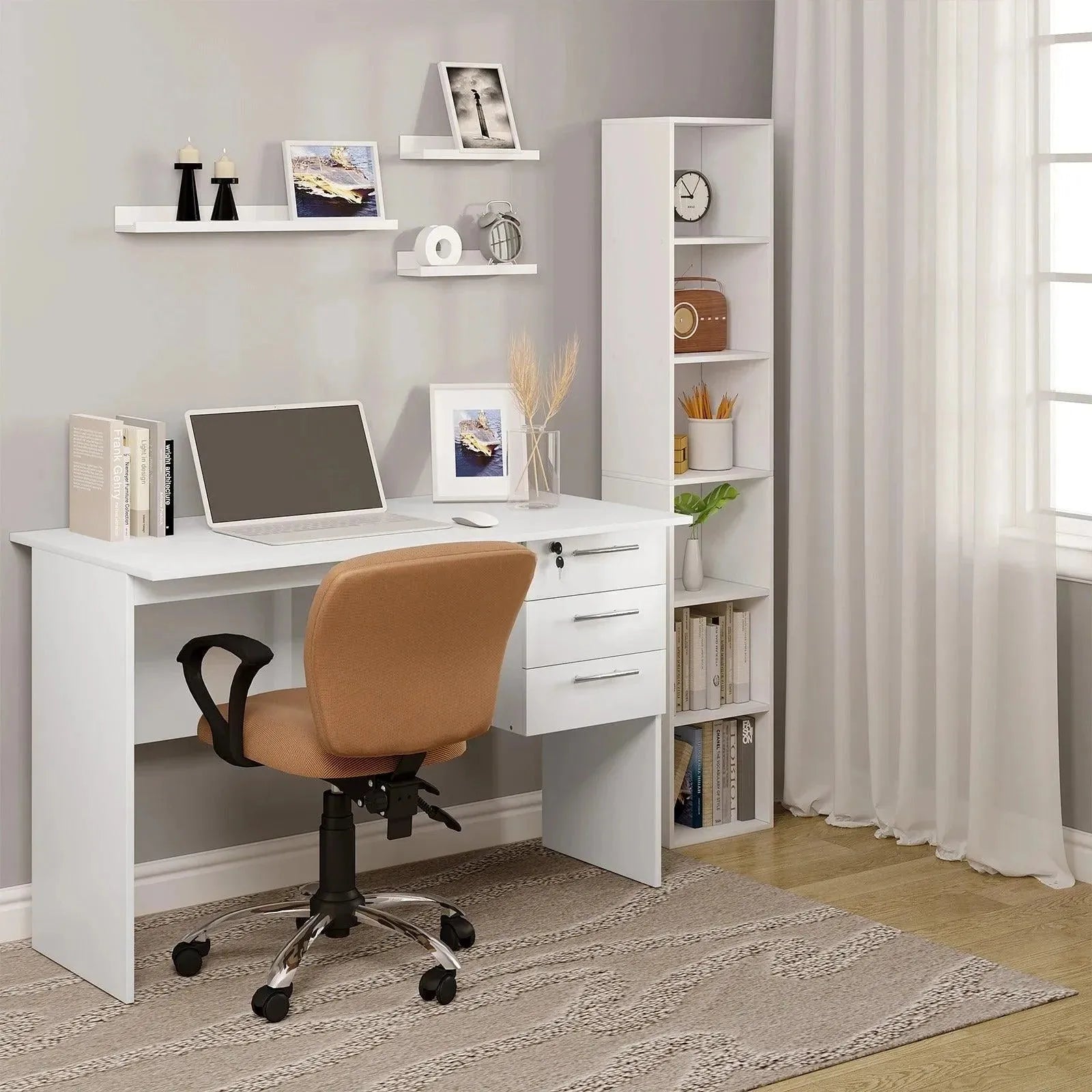 Feronza™ Computerbureau met 3 Lades en Sleutel voor Kantoor en Studie - Feronza