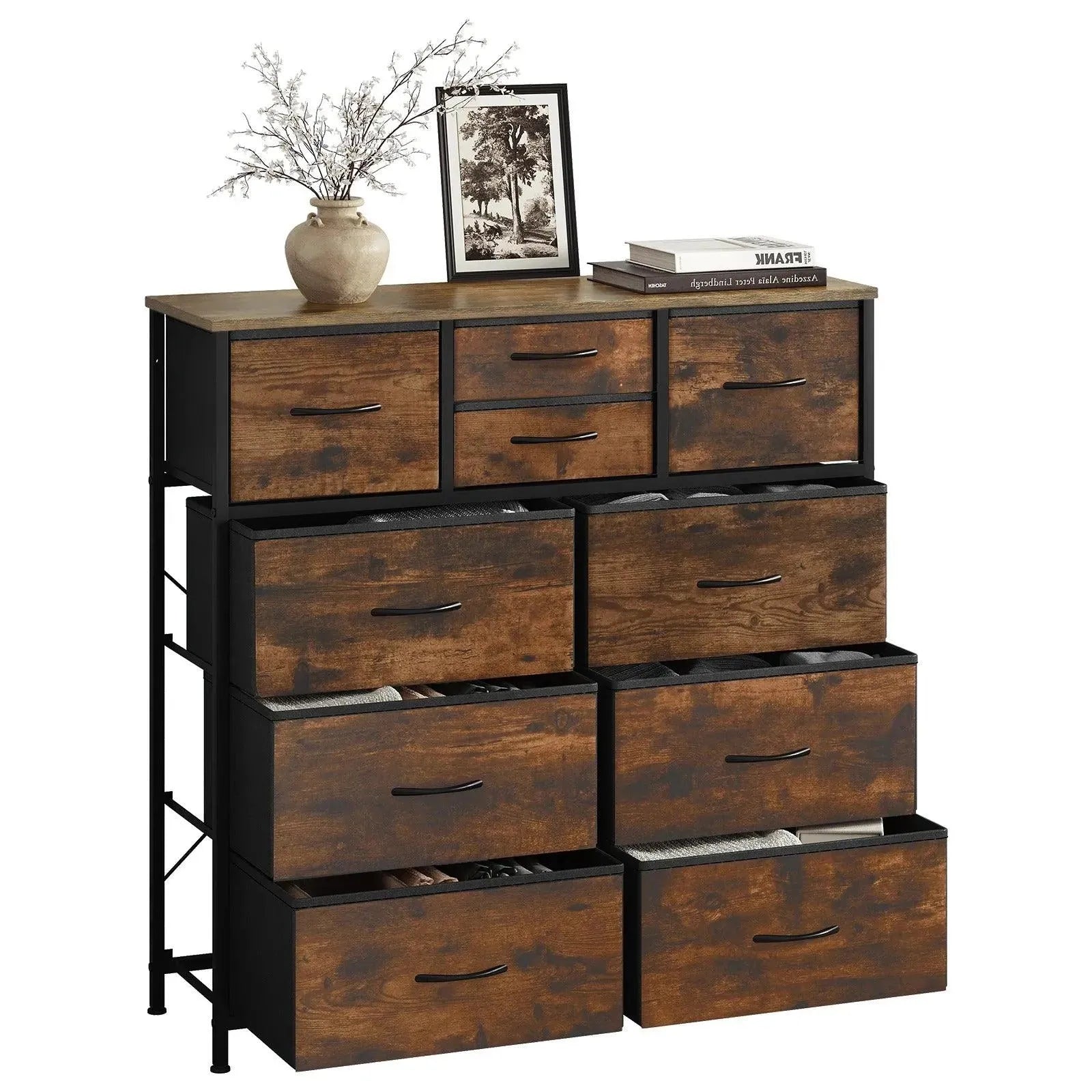 Feronza™ Industriële Kast met Metalen Frame en Stoffen Lades – Opbergmeubel voor Woonkamer, Slaapkamer, en Hal - Feronza