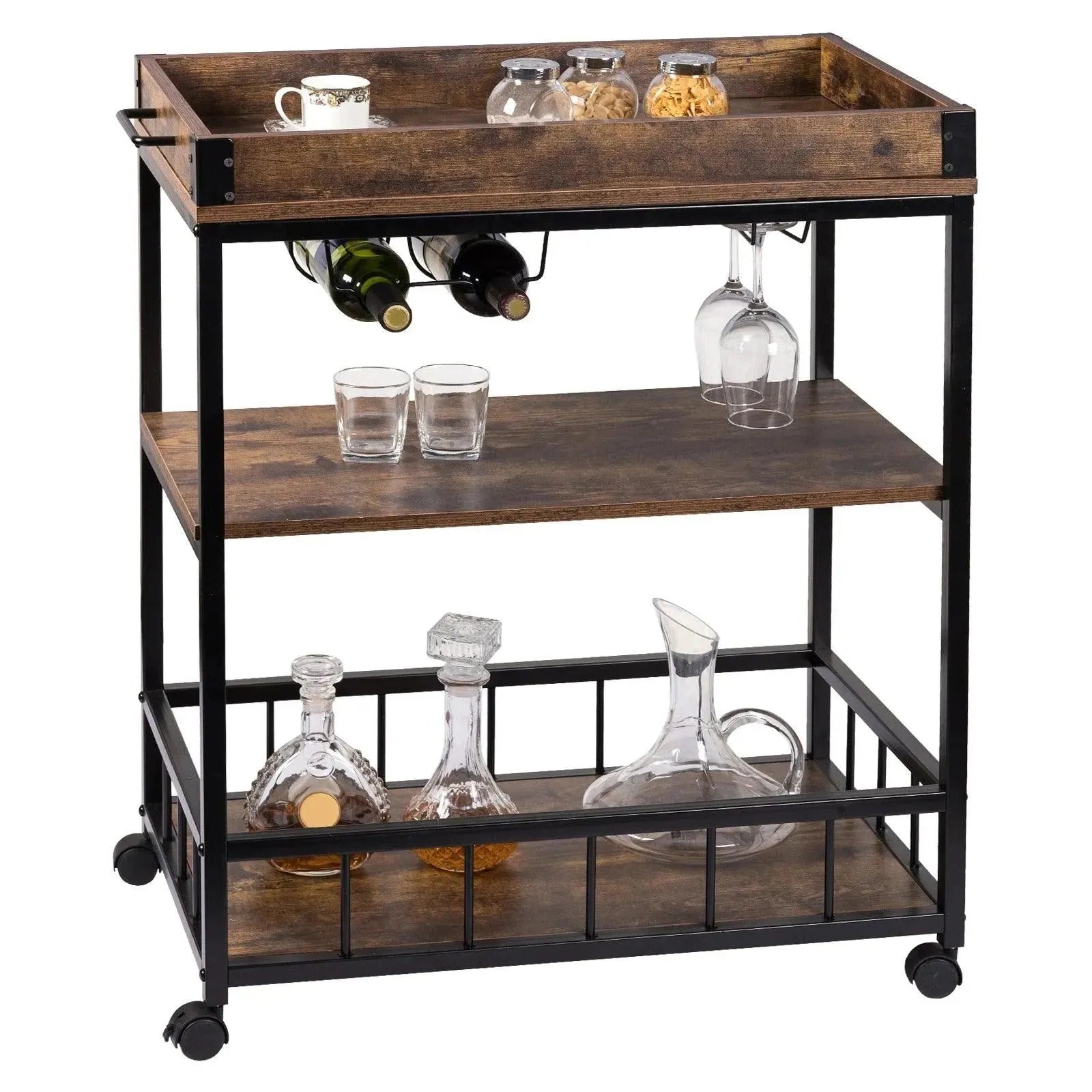 Feronza™ Keukentrolley Bakkersrek met Wielen, Wijnrek & Glashouder - Verwijderbare Keuken Organizer met Keukenplank - Feronza