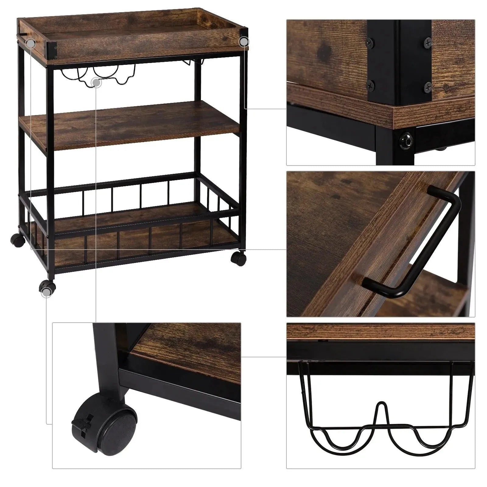 Feronza™ Keukentrolley Bakkersrek met Wielen, Wijnrek & Glashouder - Verwijderbare Keuken Organizer met Keukenplank - Feronza