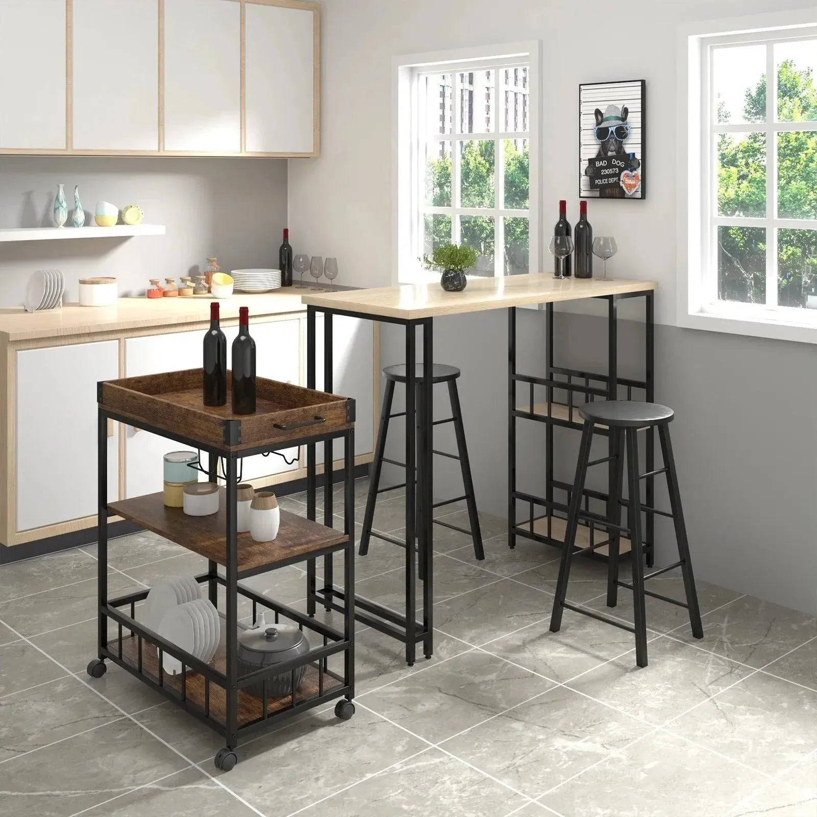 Feronza™ Keukentrolley Bakkersrek met Wielen, Wijnrek & Glashouder - Verwijderbare Keuken Organizer met Keukenplank - Feronza