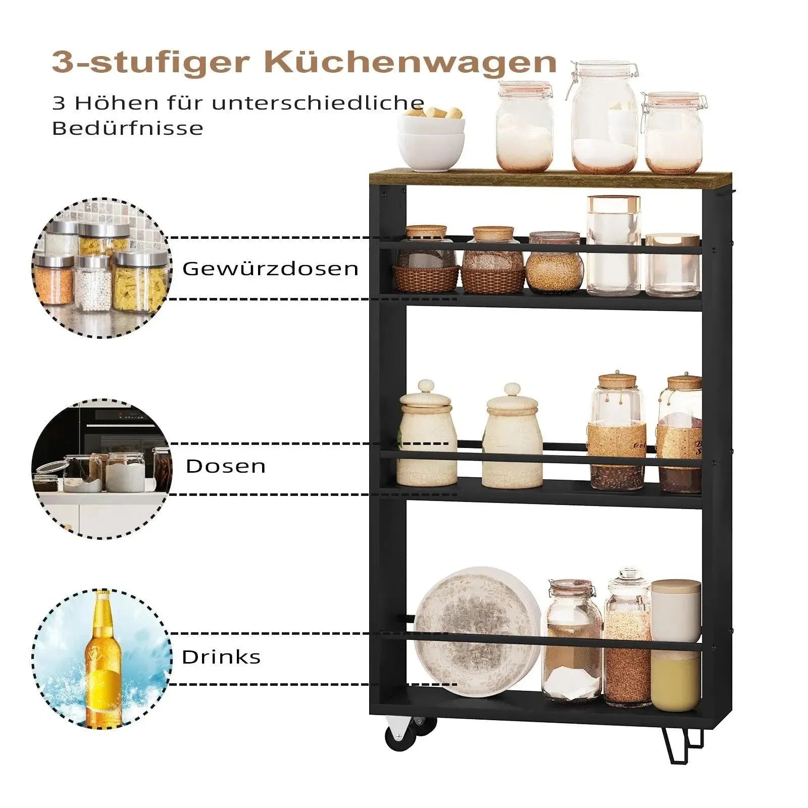 Feronza™ Keukentrolley met 3-laags Rek – Serveerwagen met Wielen en Opbergbak voor Keuken, Kantoor & Huis - Feronza