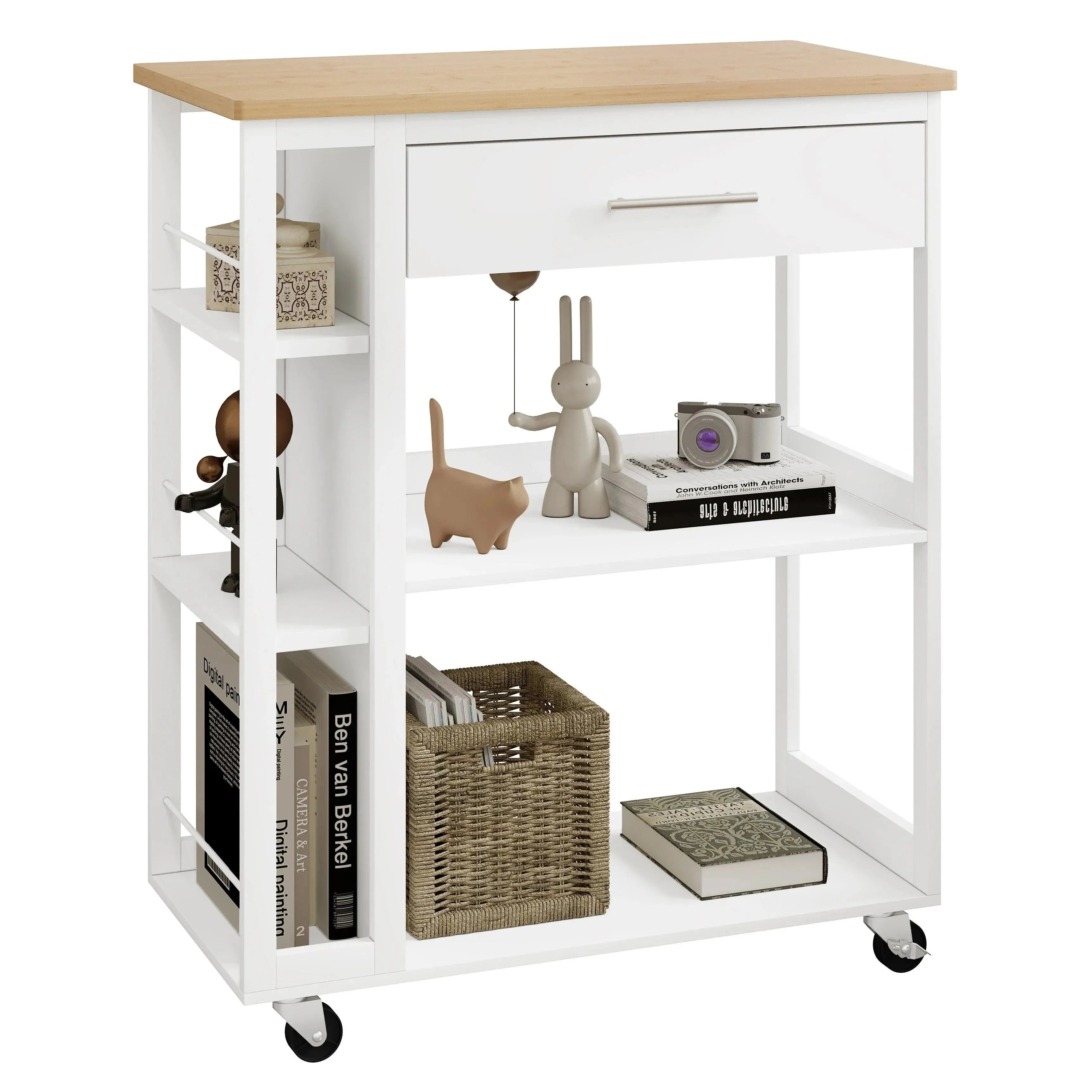 Feronza™ Keukentrolley met Werkblad, Wielen & Lade - Mobiele Opbergrek met Open Planken en Remmen - Feronza