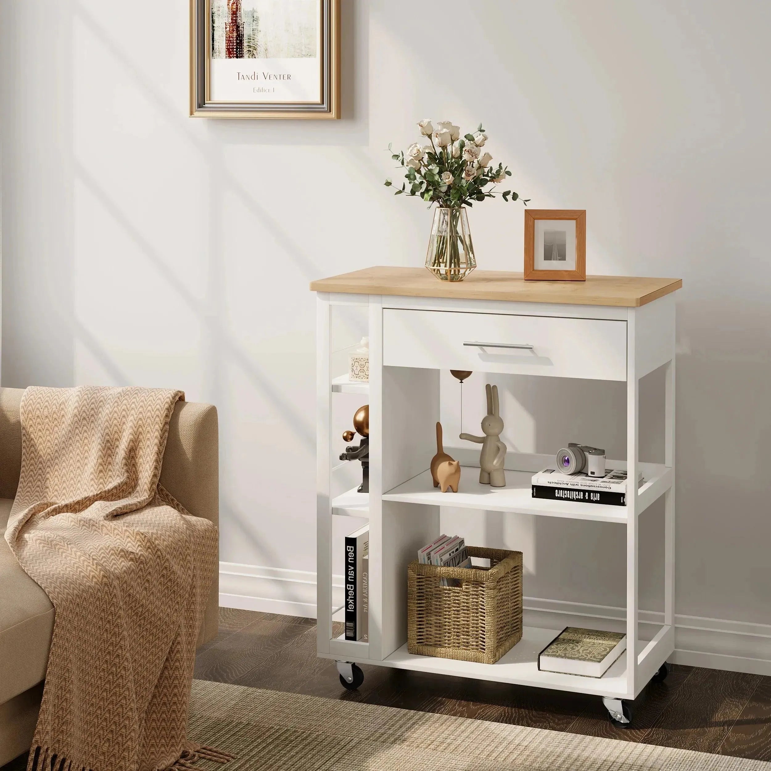 Feronza™ Keukentrolley met Werkblad, Wielen & Lade - Mobiele Opbergrek met Open Planken en Remmen - Feronza