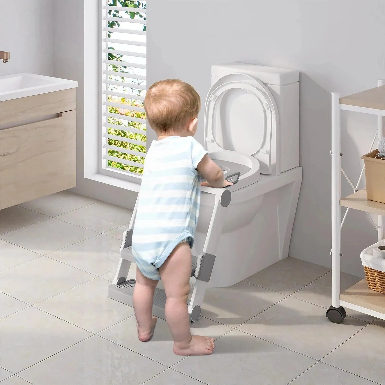 Feronza™ Kinder Toiletbril met Trap - Vouwbaar, Hoogte Verstelbaar, met Handgrepen en Zitkussen - Feronza