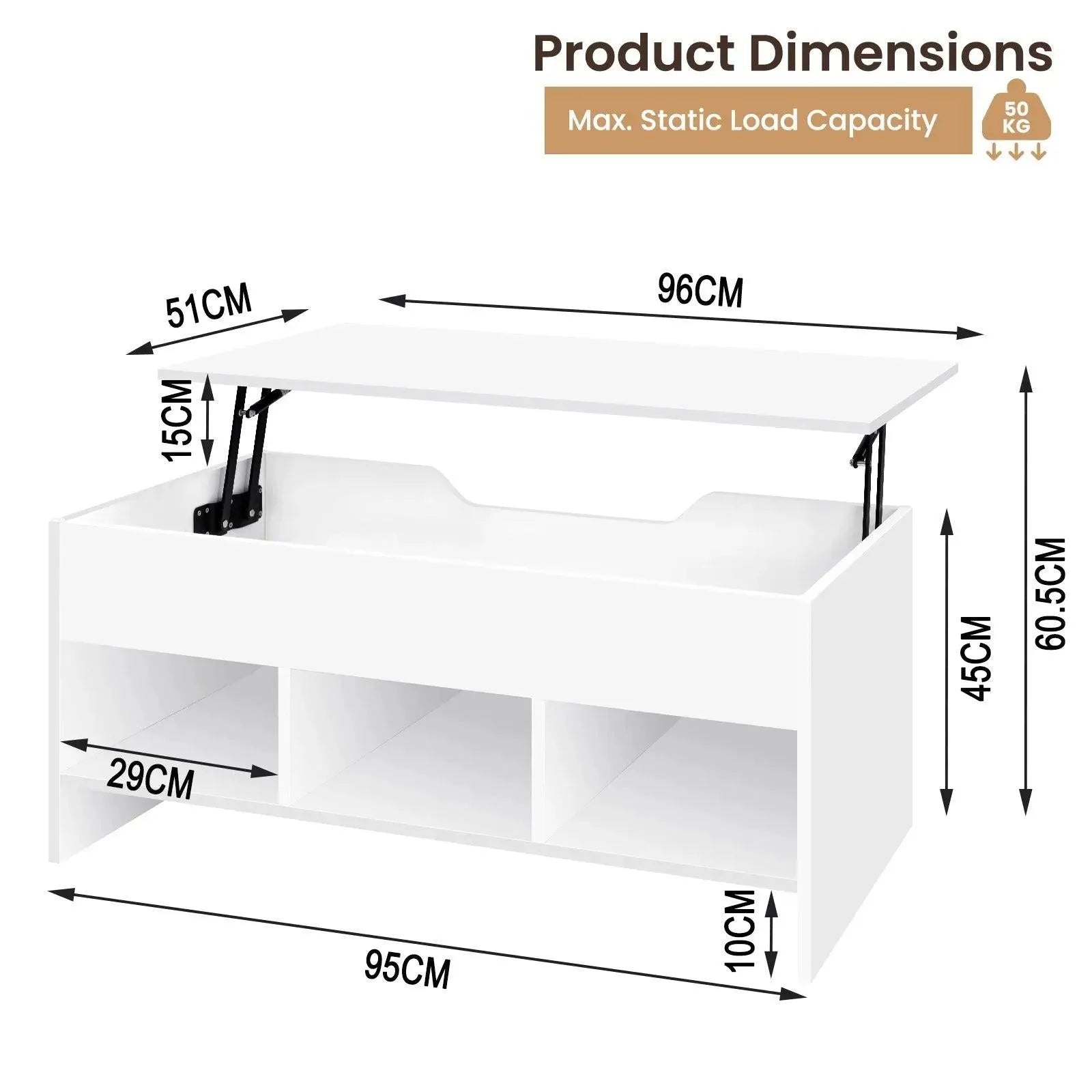 Feronza™ Liftbare Koffietafel met Opslag - Witte, Hoogte-verstelbare Rechthoekige Sofa Tafel voor de Woonkamer - Feronza