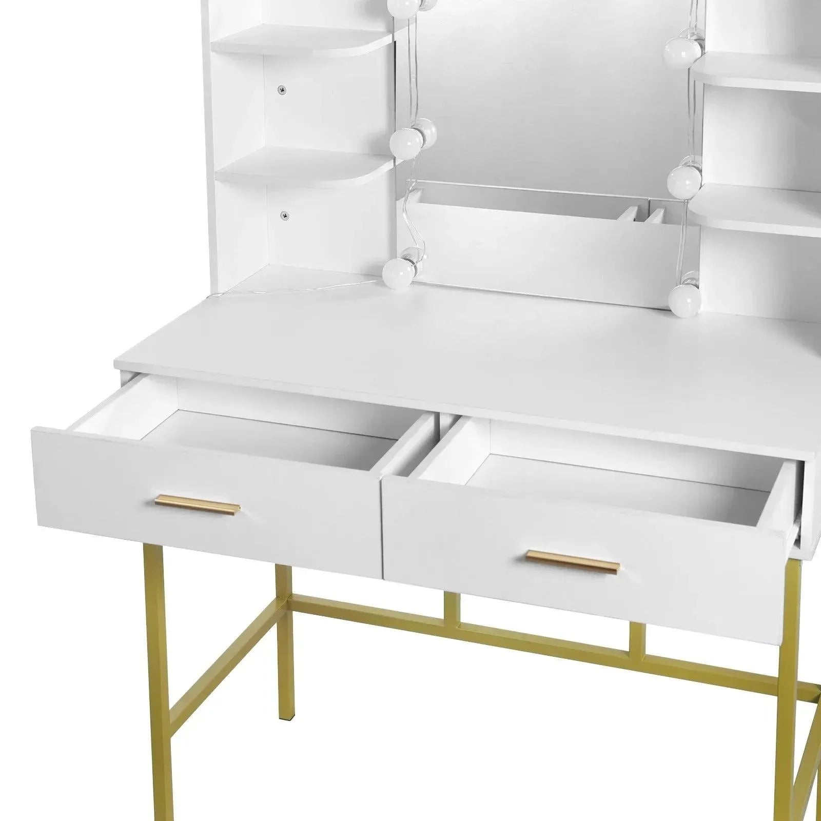 Feronza™ Moderne Dresser met Spiegel en LED-verlichting - Witte Gouden Vanity Desk met 2 Lades - Feronza