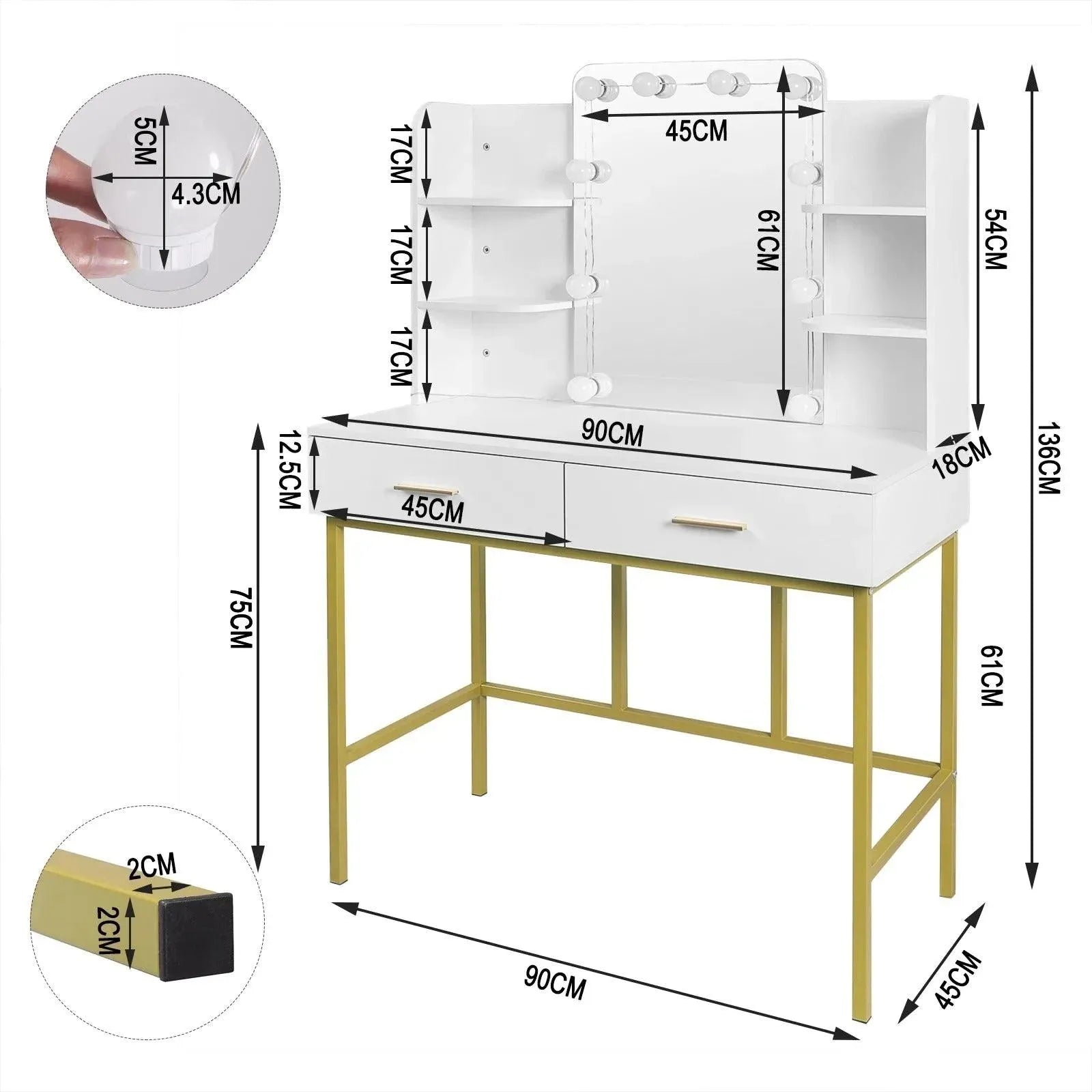 Feronza™ Moderne Dresser met Spiegel en LED-verlichting - Witte Gouden Vanity Desk met 2 Lades - Feronza