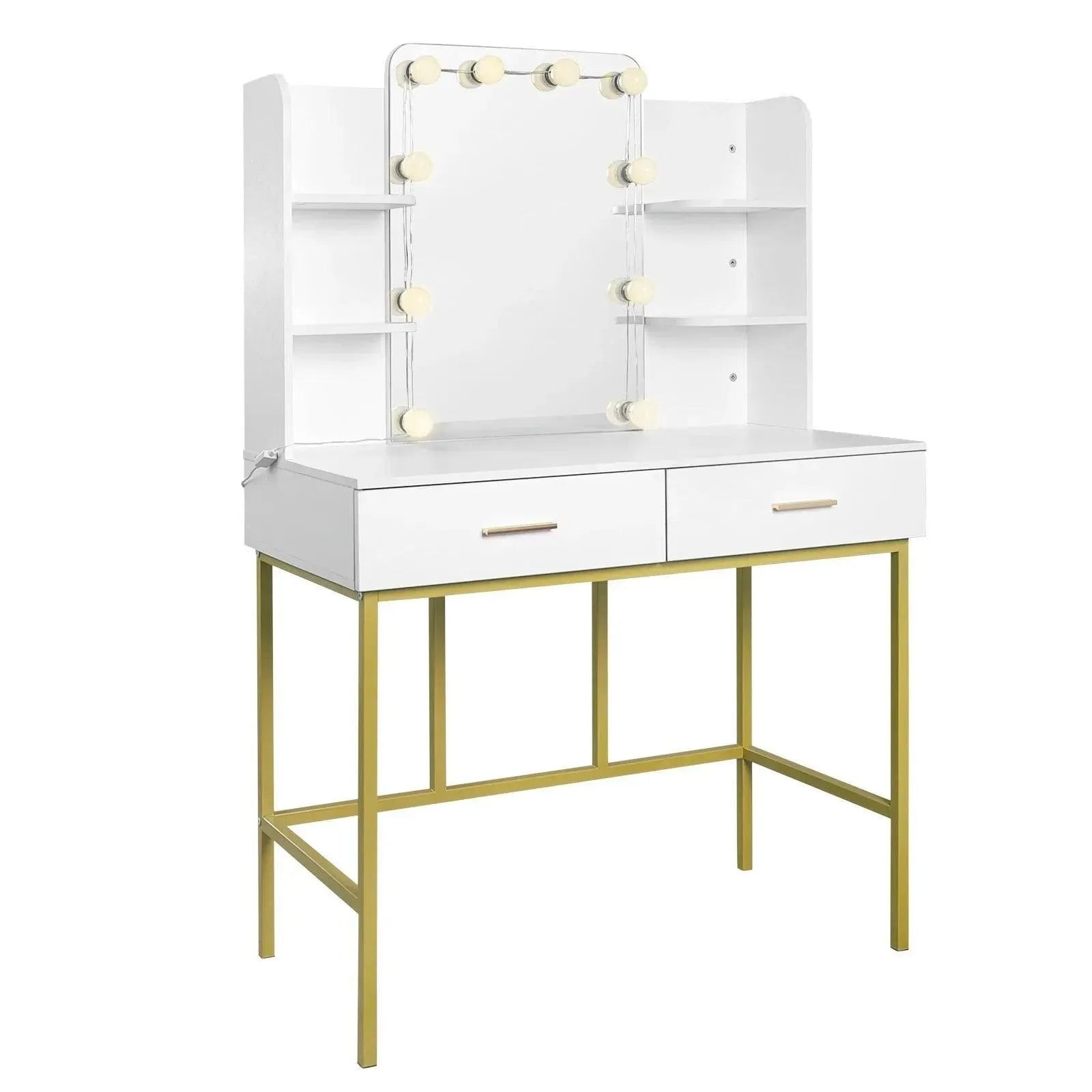 Feronza™ Moderne Dresser met Spiegel en LED-verlichting - Witte Gouden Vanity Desk met 2 Lades - Feronza