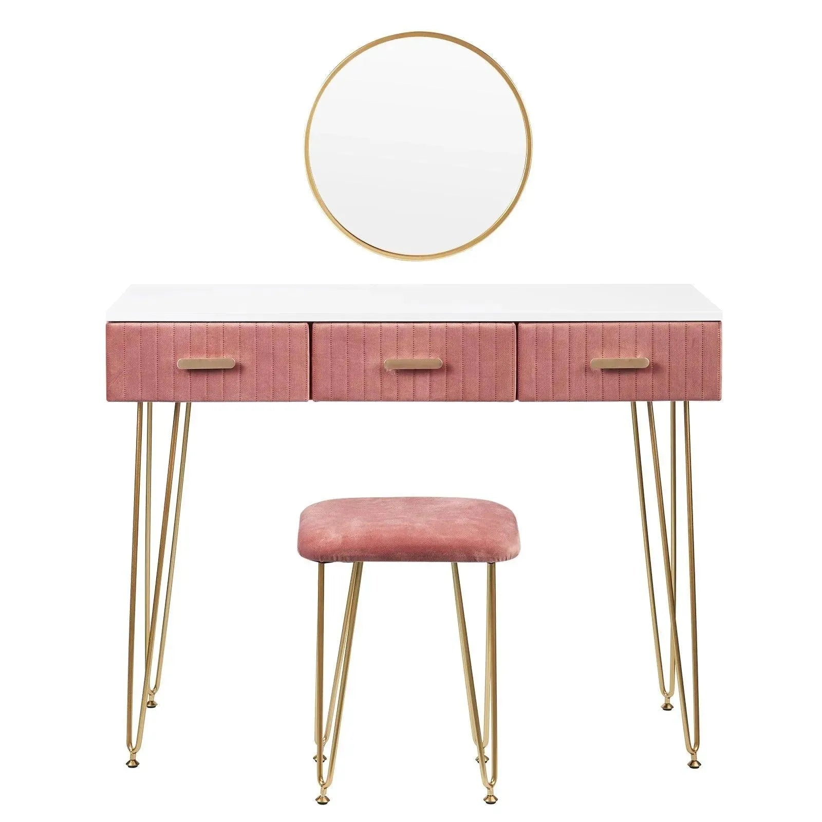 Feronza™ Moderne Kaptafel met Kruk en Spiegel - Cosmetische Tafel in Roze/Grijs voor de Slaapkamer - Feronza