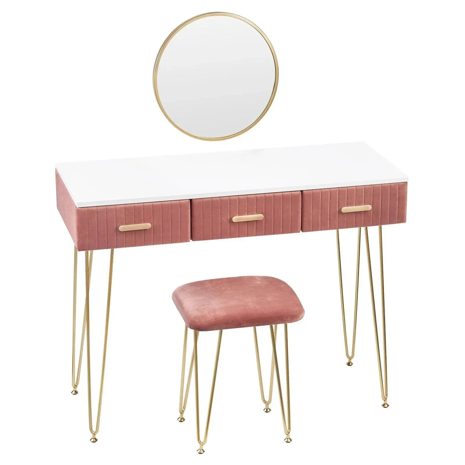 Feronza™ Moderne Kaptafel met Kruk en Spiegel - Cosmetische Tafel in Roze/Grijs voor de Slaapkamer - Feronza