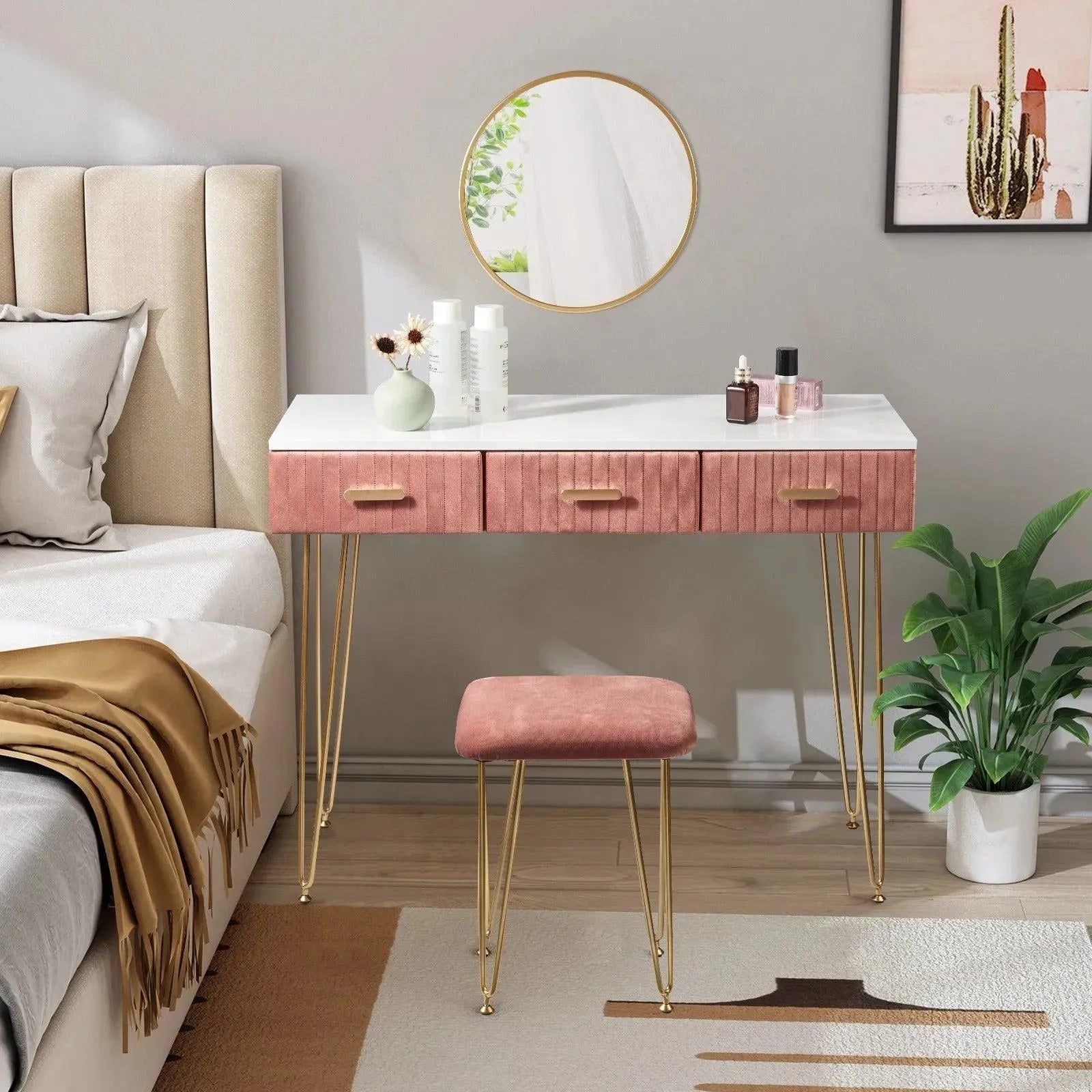 Feronza™ Moderne Kaptafel met Kruk en Spiegel - Cosmetische Tafel in Roze/Grijs voor de Slaapkamer - Feronza