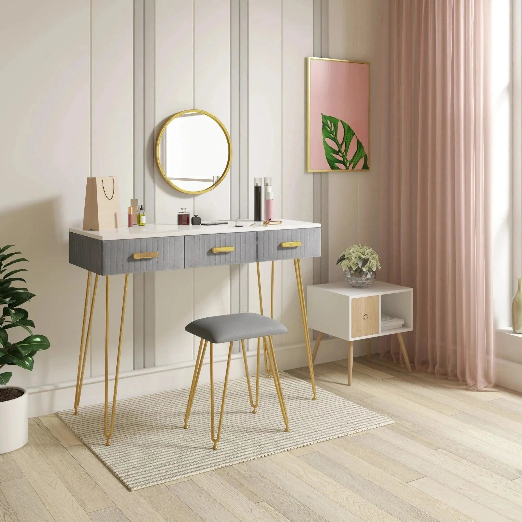 Feronza™ Moderne Kaptafel met Kruk en Spiegel - Cosmetische Tafel in Roze/Grijs voor de Slaapkamer - Feronza