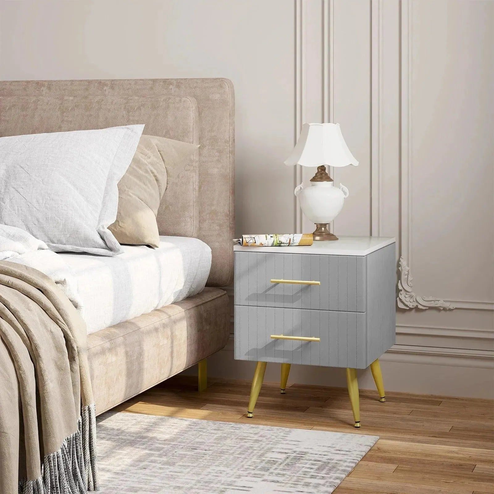 Feronza™ Nachtkastje in Grijs/Roze met 2 Lades voor Slaapkamer en Woonkamer - Feronza