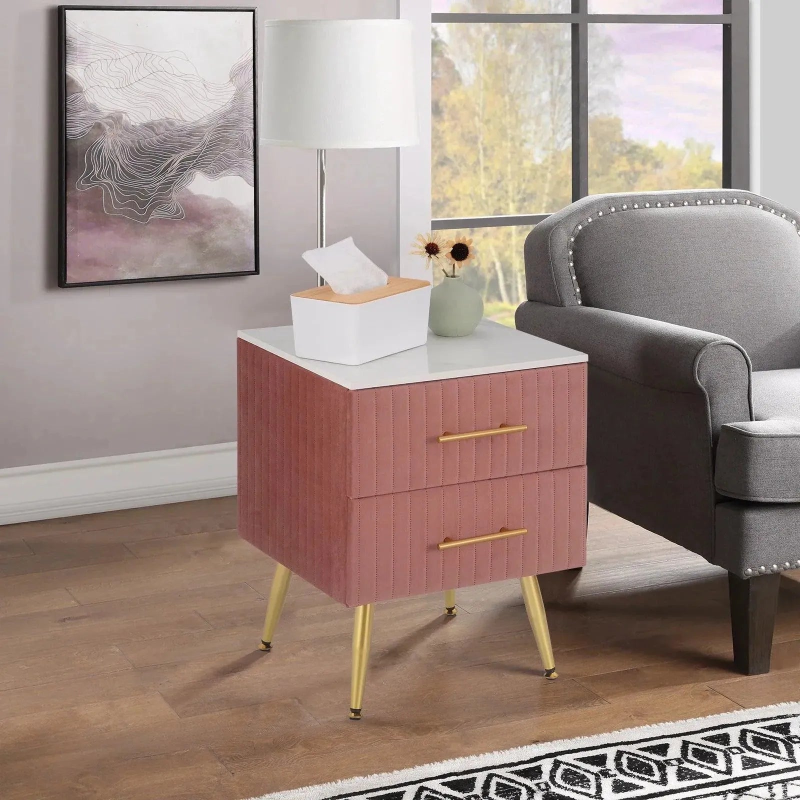 Feronza™ Nachtkastje in Grijs/Roze met 2 Lades voor Slaapkamer en Woonkamer - Feronza
