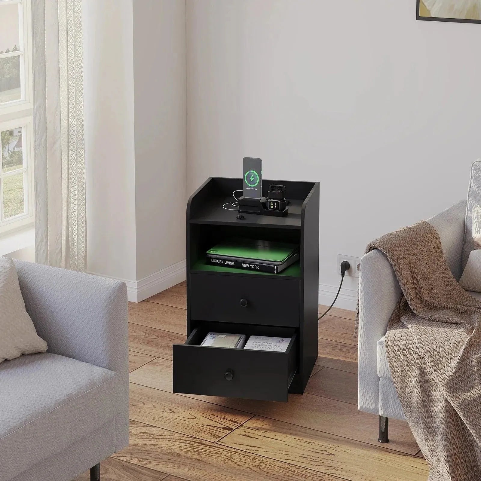 Feronza™ Nachtkastje met Oplaadstation en LED Licht - Feronza