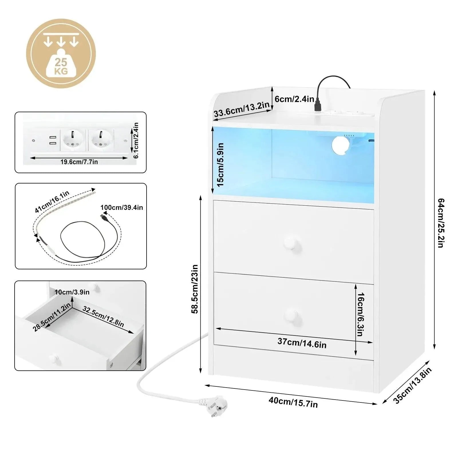 Feronza™ Nachtkastje met Oplaadstation en LED Licht - Feronza