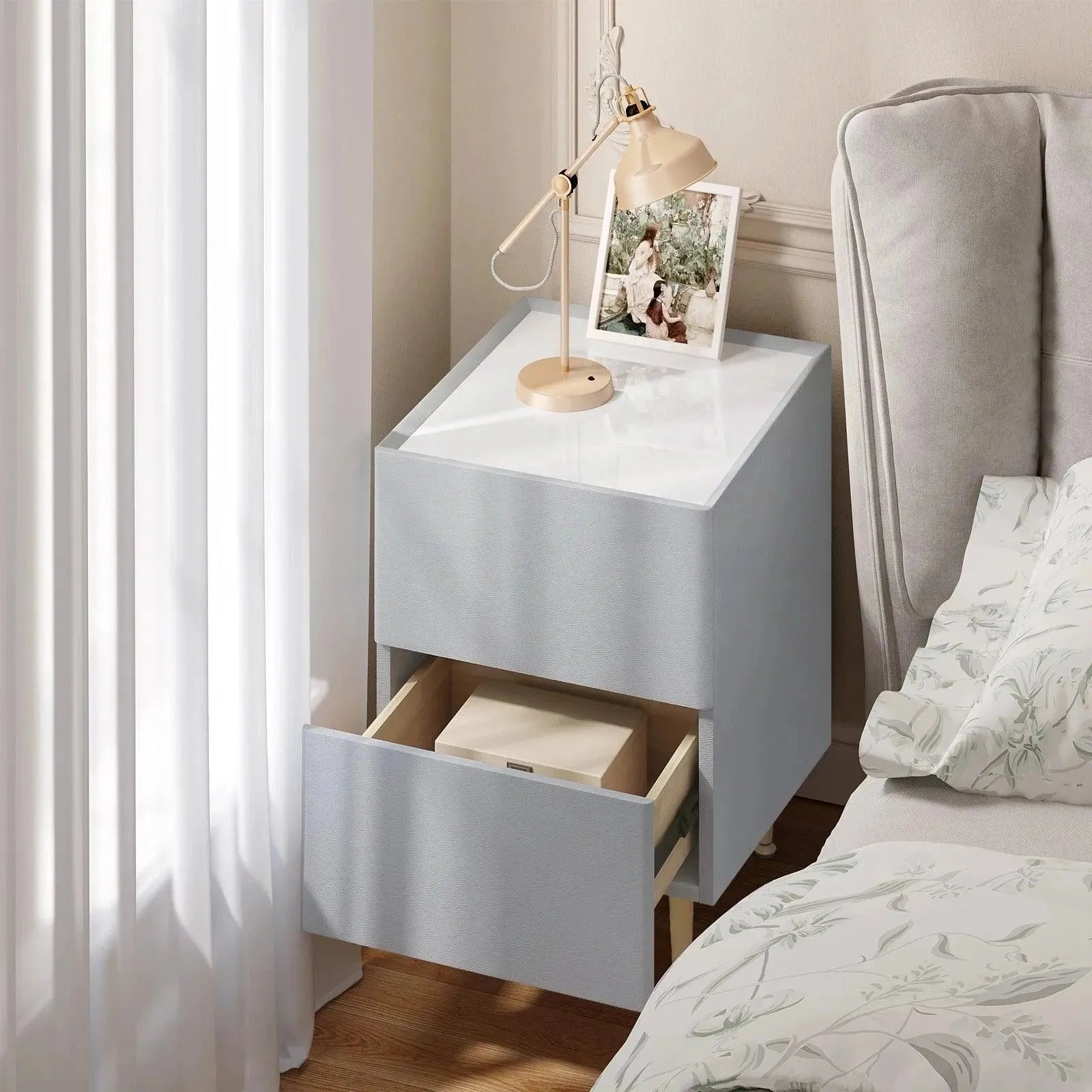 Feronza™ Nachtkastje Wit/Grey met 2 Lades voor Slaapkamer en Woonkamer - Feronza