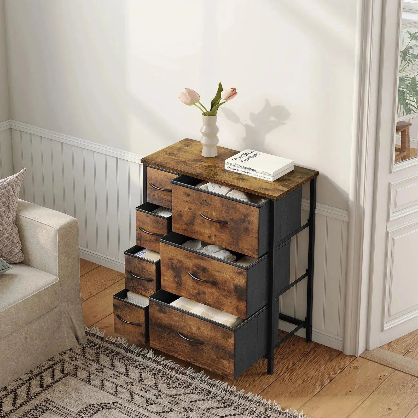 Feronza™ Opbergkast met 7 Lades – Stoffen Ladenkast met Metaal Frame voor Woonkamer, Slaapkamer, Hal - Feronza