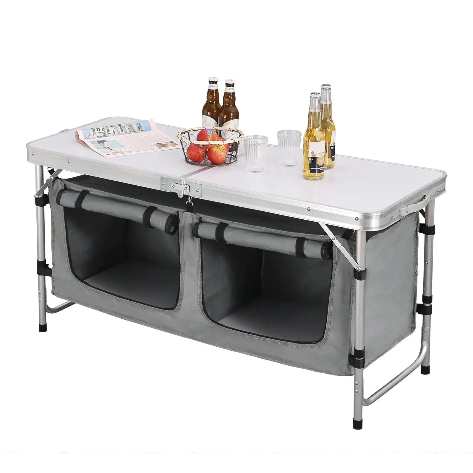 Feronza™ Opvouwbare Picknicktafel met Verstelbare Hoogte en Opbergruimte – Compacte Aluminium Campingtafel voor 4-6 Personen - Feronza