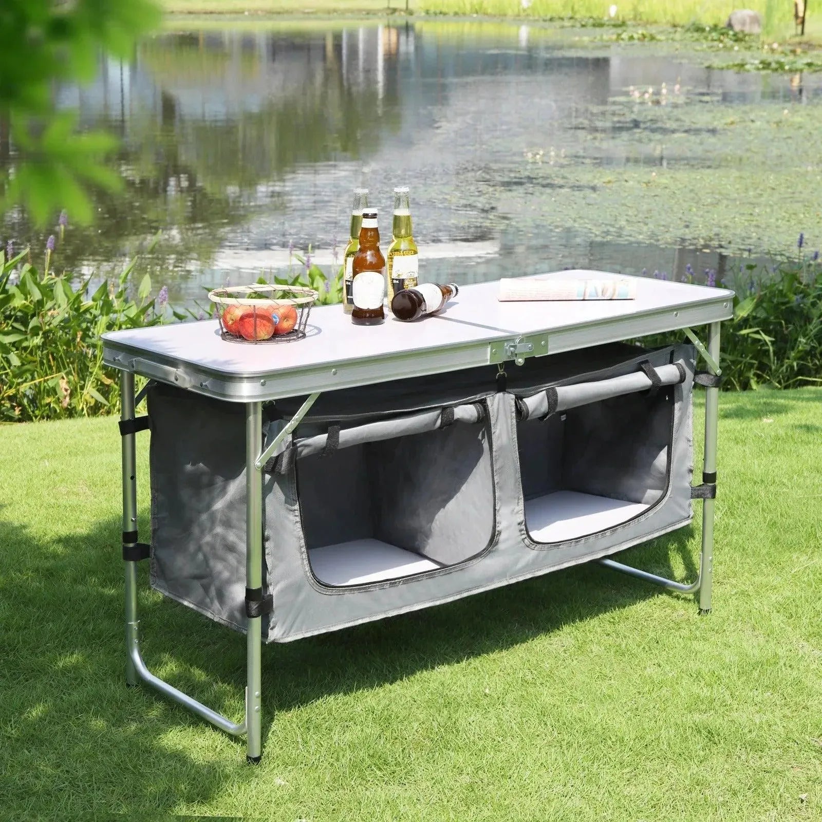 Feronza™ Opvouwbare Picknicktafel met Verstelbare Hoogte en Opbergruimte – Compacte Aluminium Campingtafel voor 4-6 Personen - Feronza