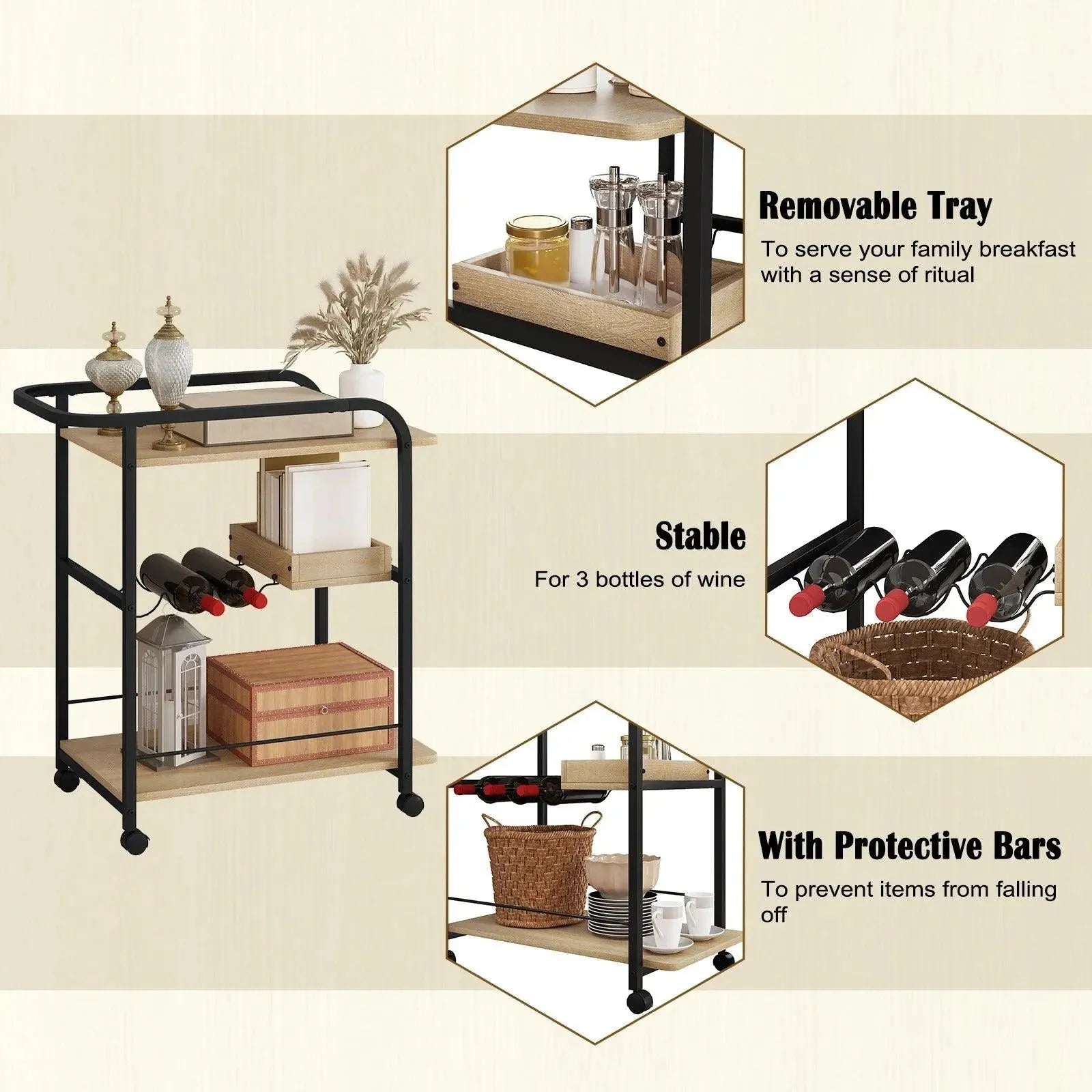 Feronza™ Rol Trolley Keukenrek – 3 Laags Servieswagen met Flessenhouder - Feronza