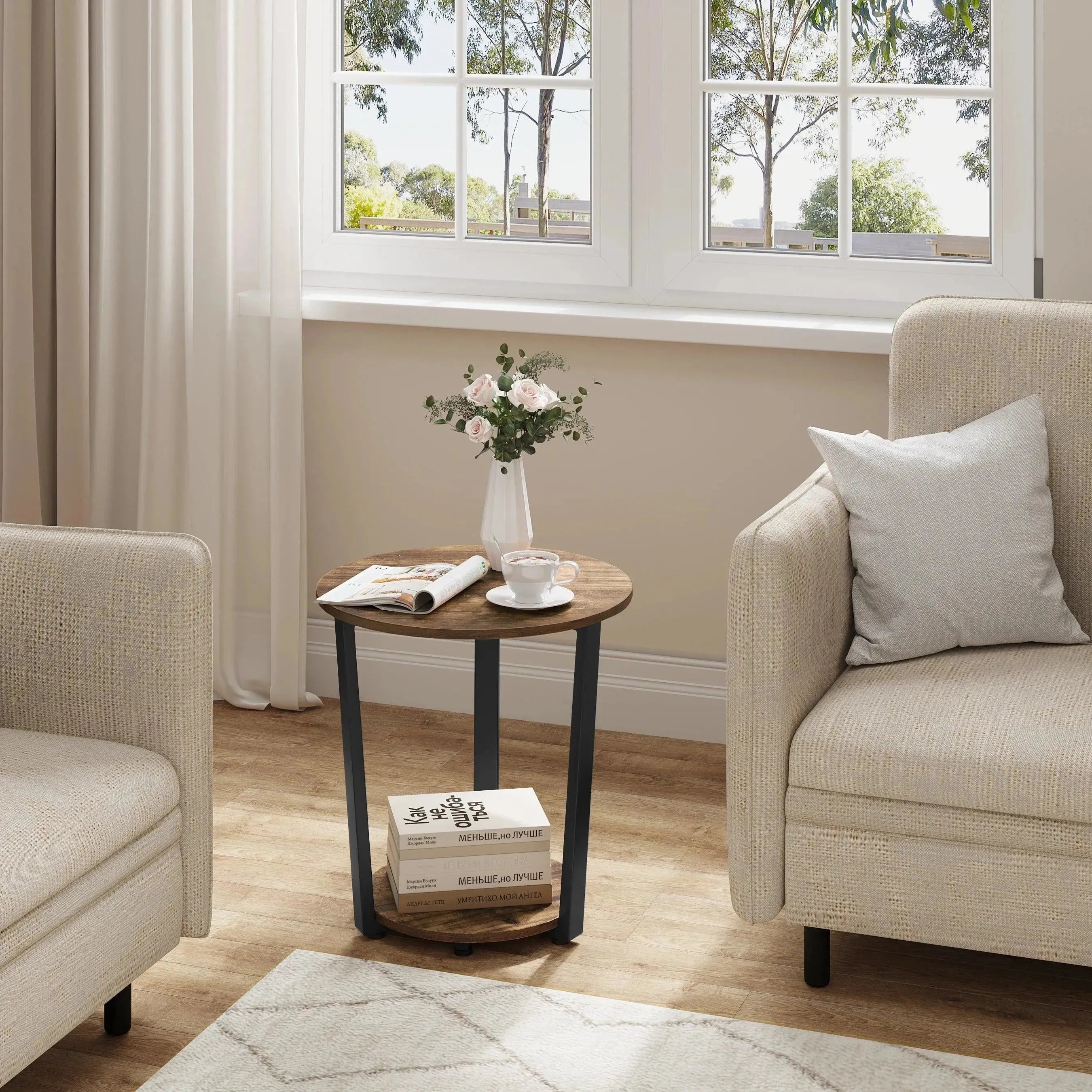 Feronza™ Ronde Koffietafel - Moderne Kleine Sofa Tafel met 2 Planken, Theetafel, Nachtkastje voor Woonkamer, Slaapkamer en Bank - Feronza