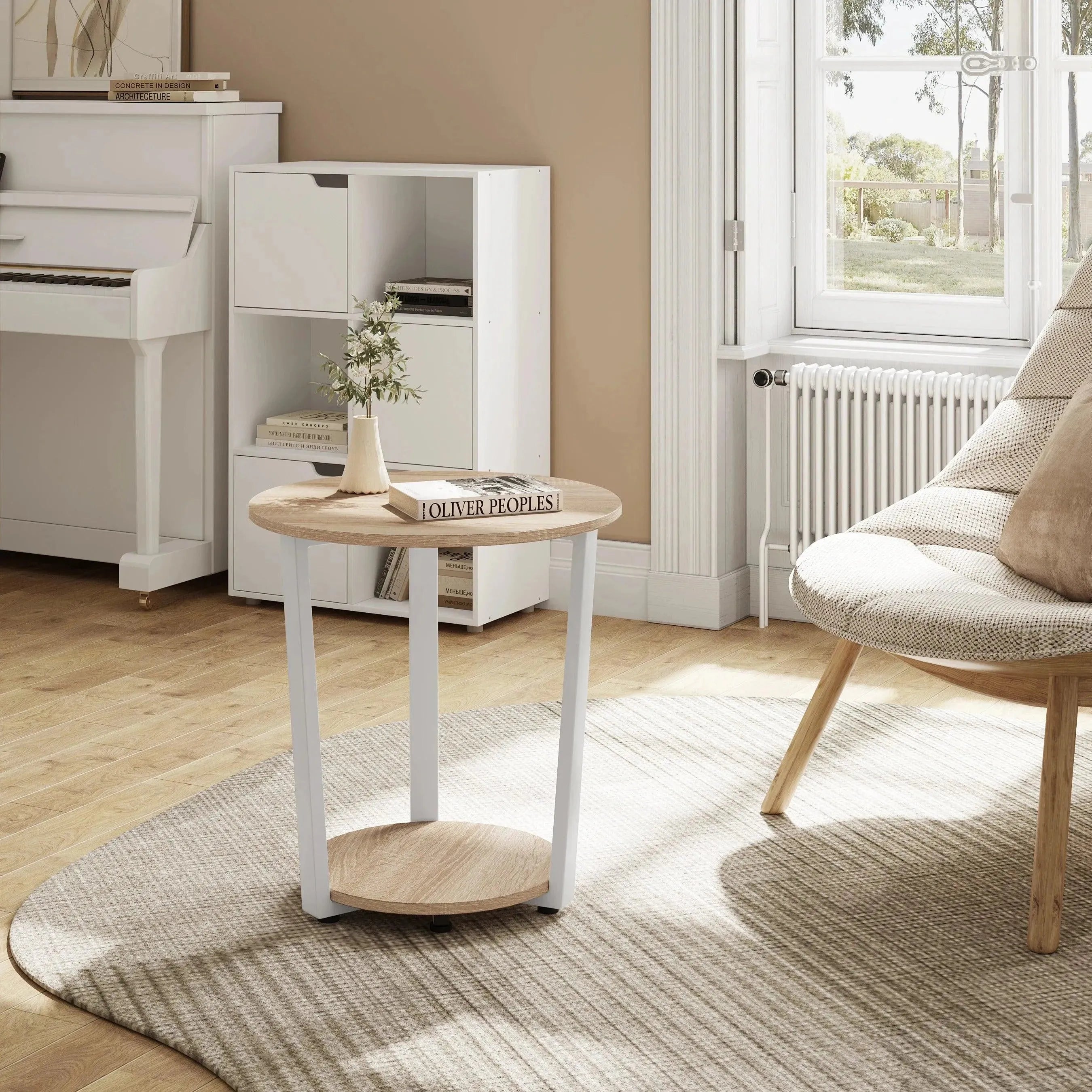 Feronza™ Ronde Koffietafel - Moderne Kleine Sofa Tafel met 2 Planken, Theetafel, Nachtkastje voor Woonkamer, Slaapkamer en Bank - Feronza