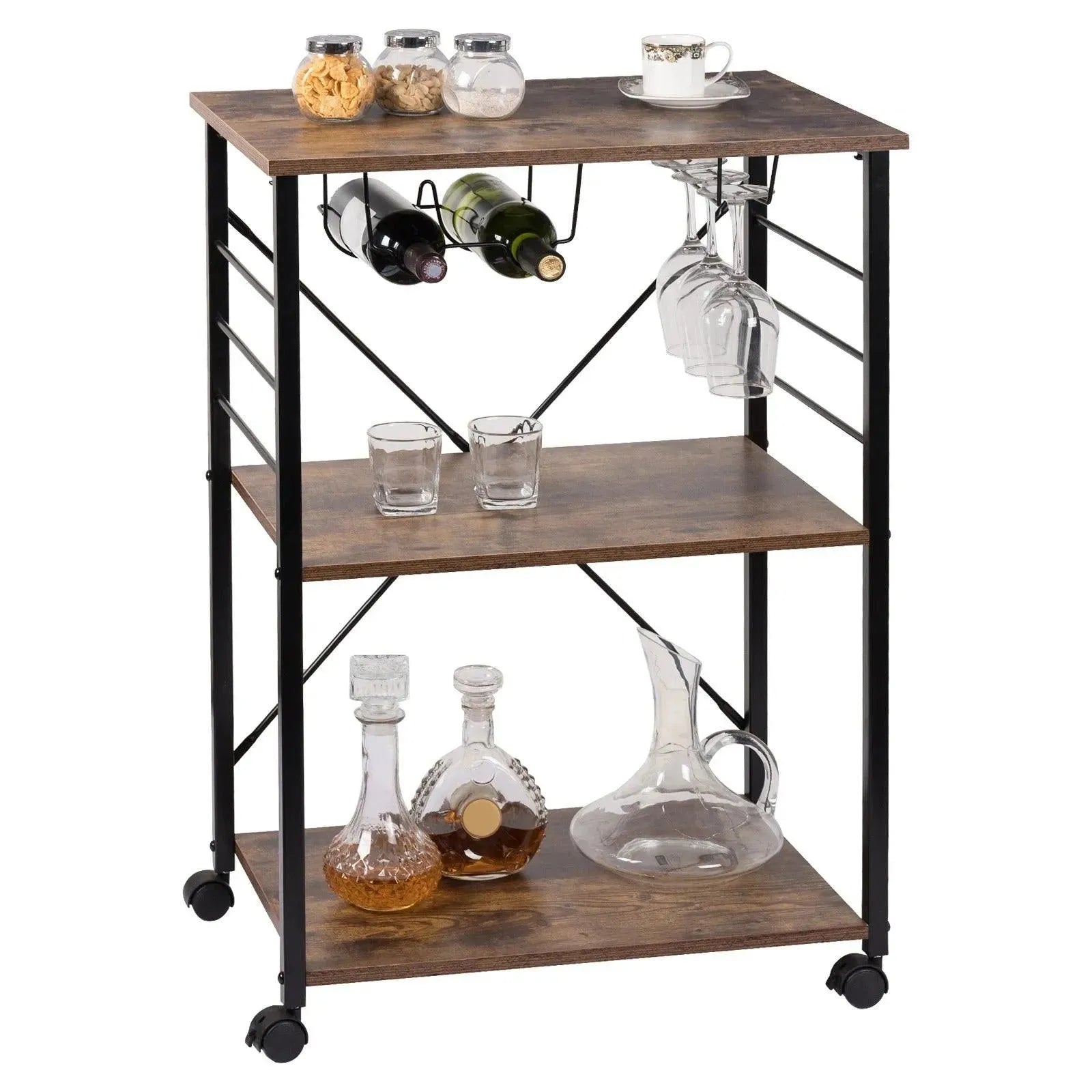 Feronza™ Serveer Keukentrolley Metalen Opslagrek met Wijnrek & Wielen - Multifunctionele Opslagkar voor Keuken & Badkamer - Feronza