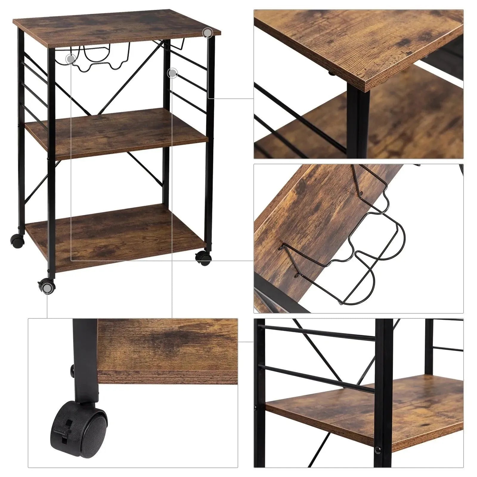 Feronza™ Serveer Keukentrolley Metalen Opslagrek met Wijnrek & Wielen - Multifunctionele Opslagkar voor Keuken & Badkamer - Feronza