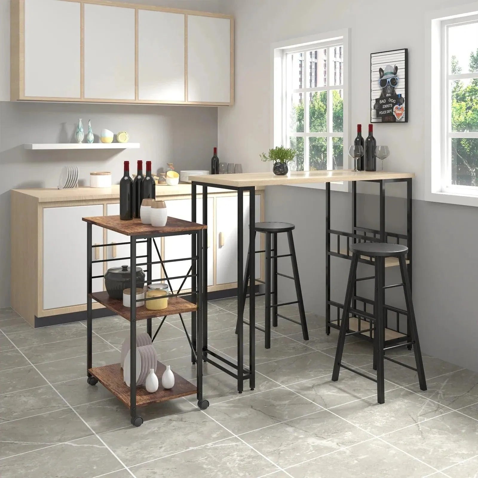 Feronza™ Serveer Keukentrolley Metalen Opslagrek met Wijnrek & Wielen - Multifunctionele Opslagkar voor Keuken & Badkamer - Feronza